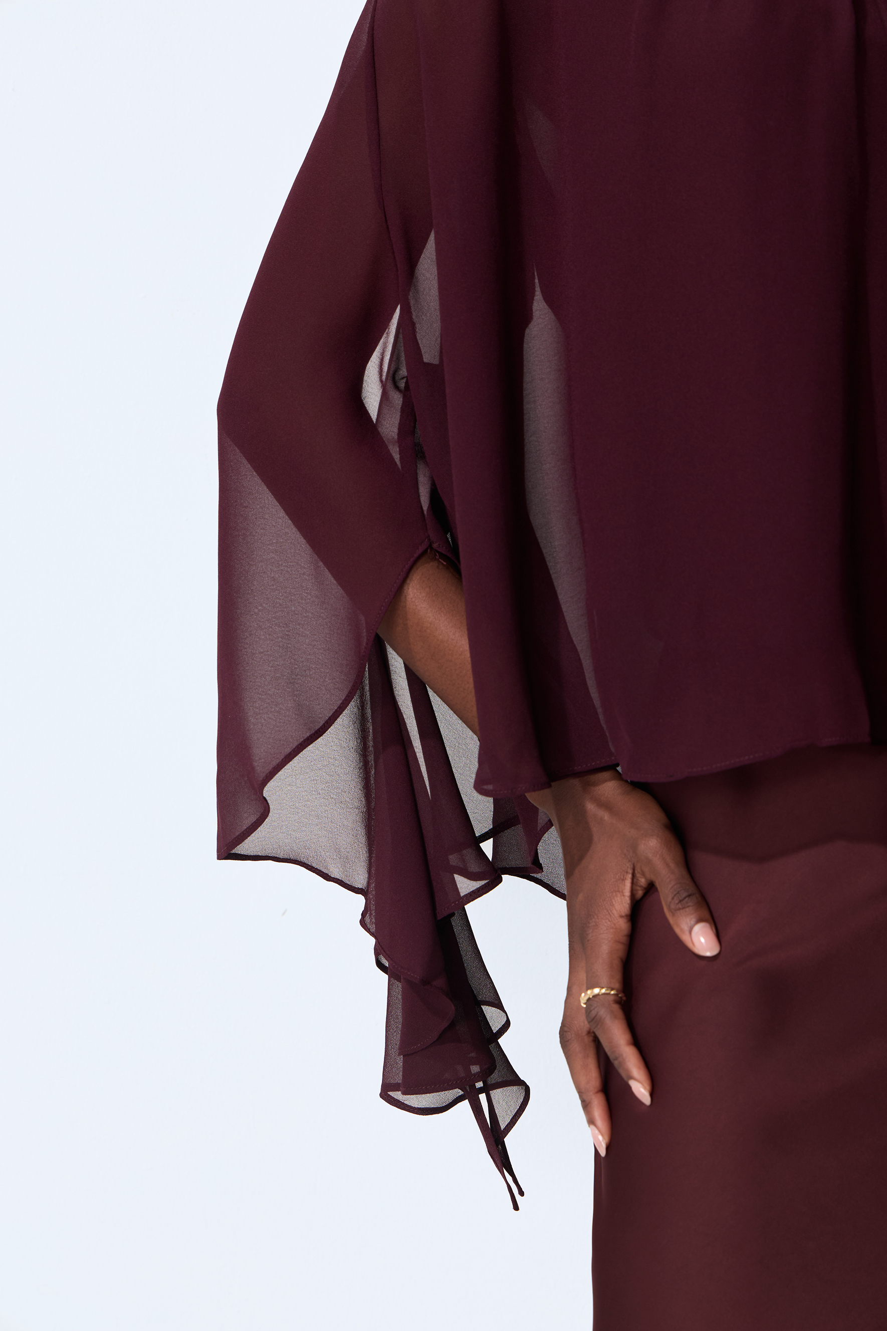 Going Out Tonight Burgundy Chiffon Cape Sleeve Blouse