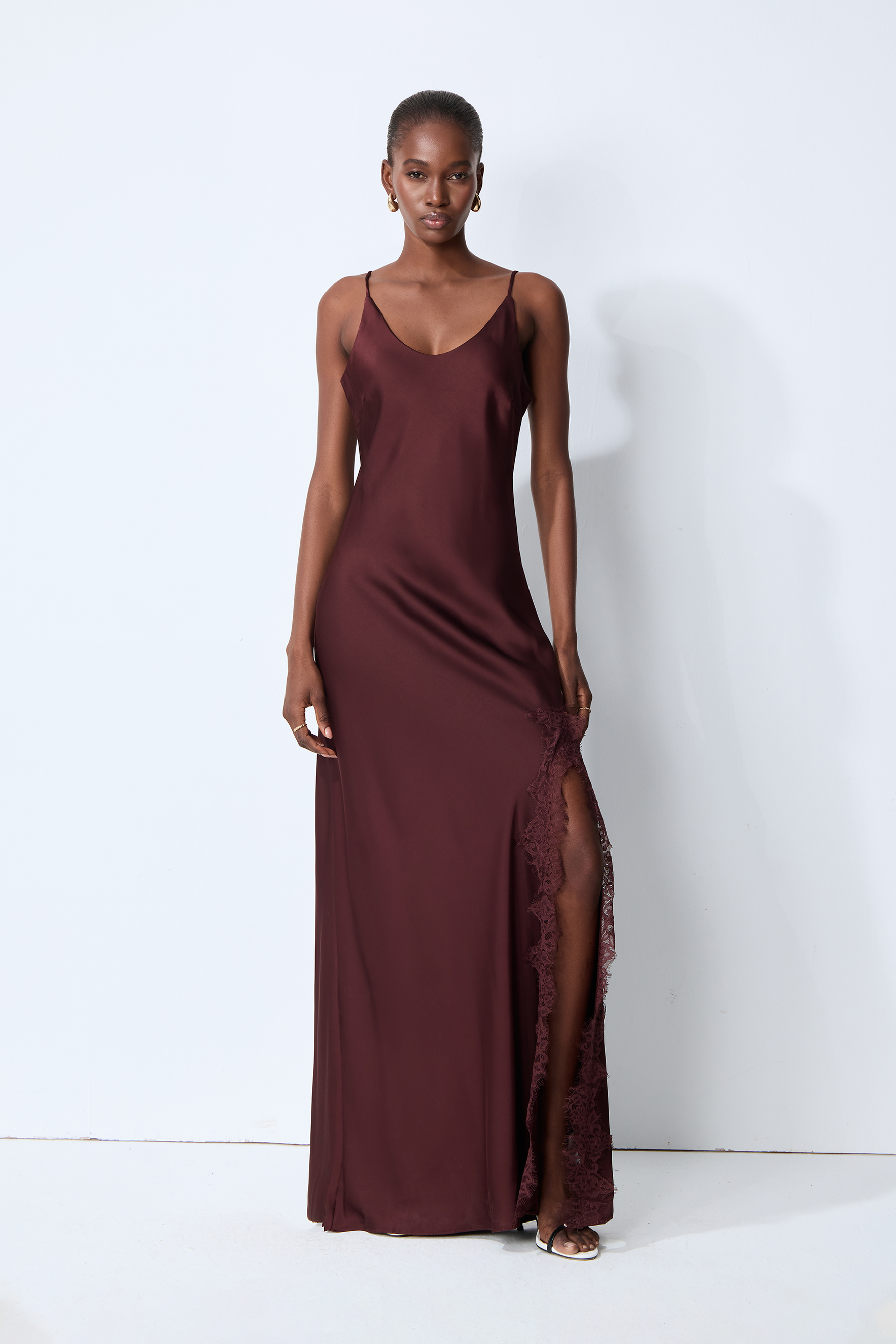 Kiss Me Later Burgundy V-Neck Lace Trim Slip Maxi Dress