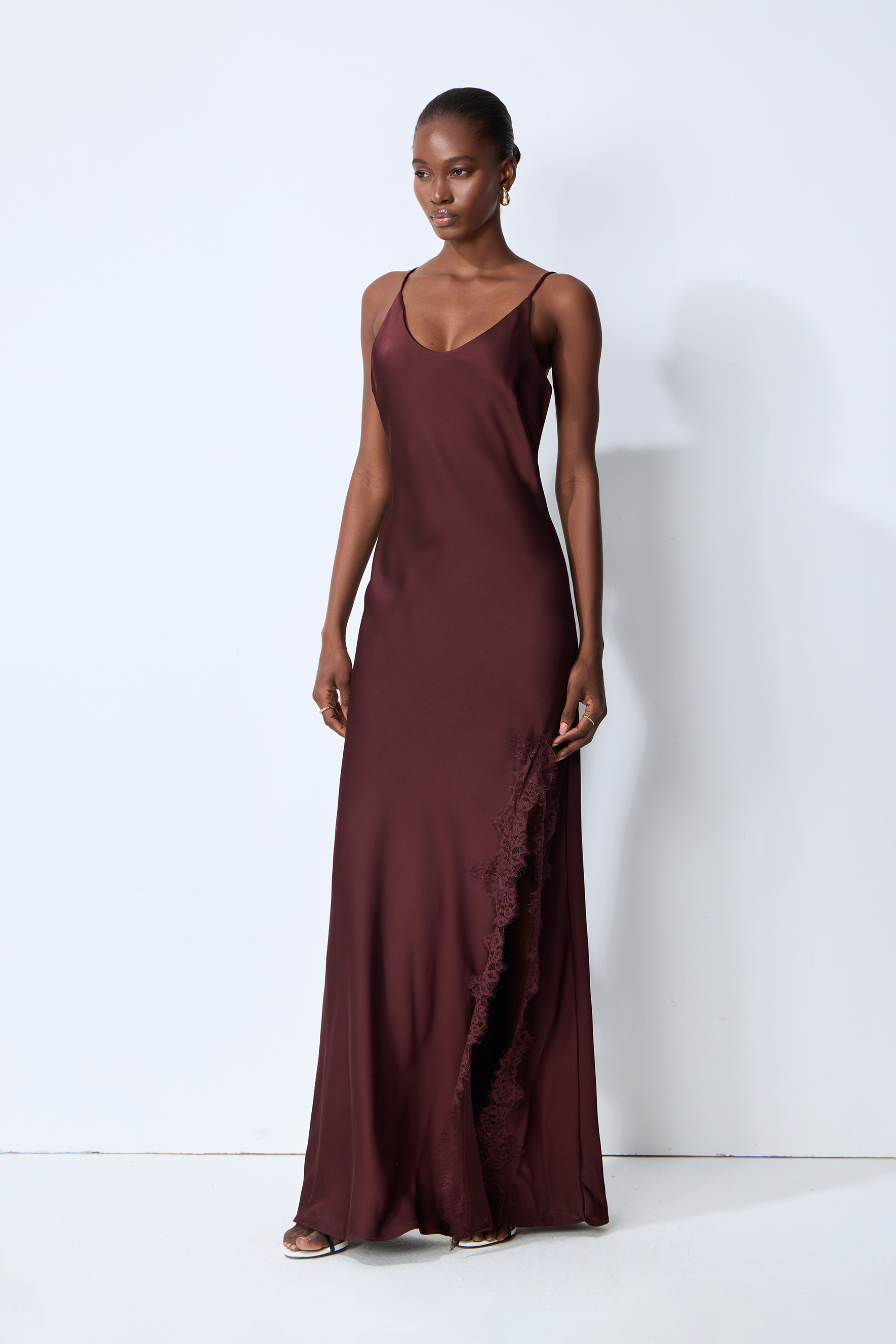 Kiss Me Later Burgundy V-Neck Lace Trim Slip Maxi Dress