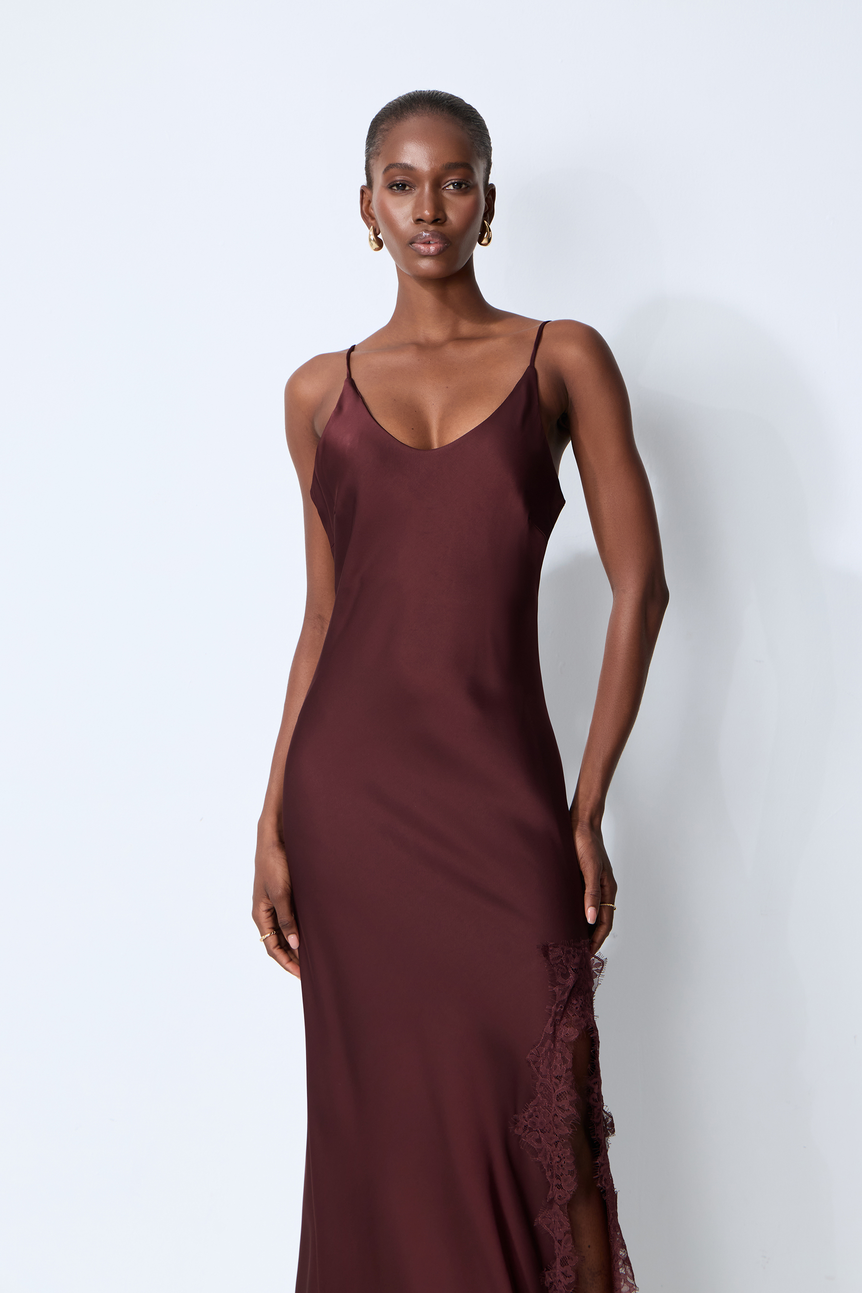 Kiss Me Later Burgundy V-Neck Lace Trim Slip Maxi Dress