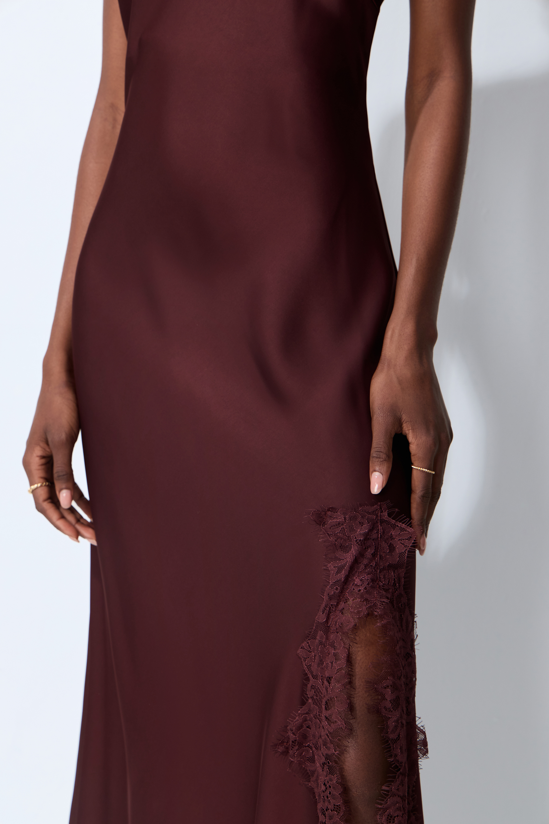 Kiss Me Later Burgundy V-Neck Lace Trim Slip Maxi Dress