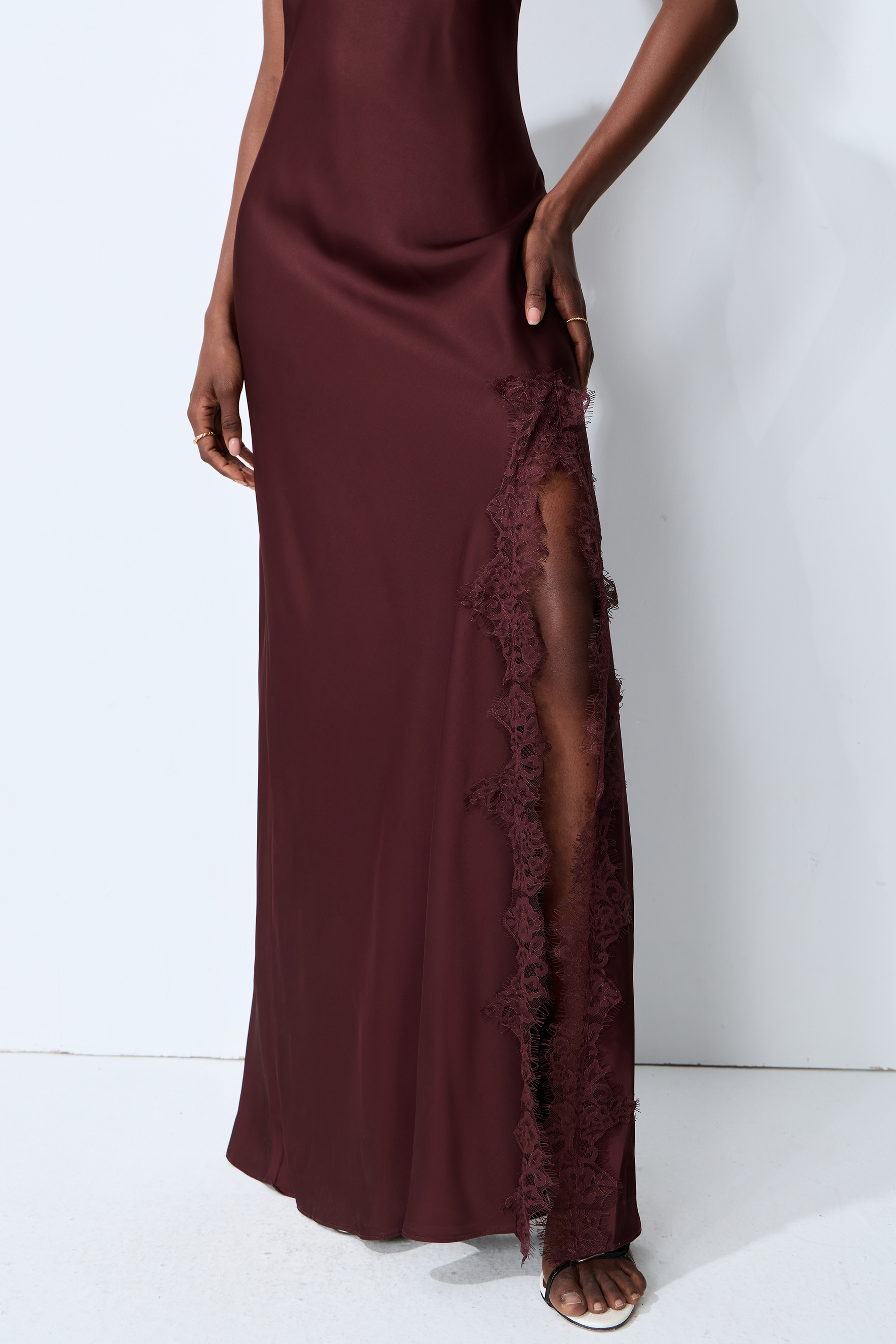 Kiss Me Later Burgundy V-Neck Lace Trim Slip Maxi Dress