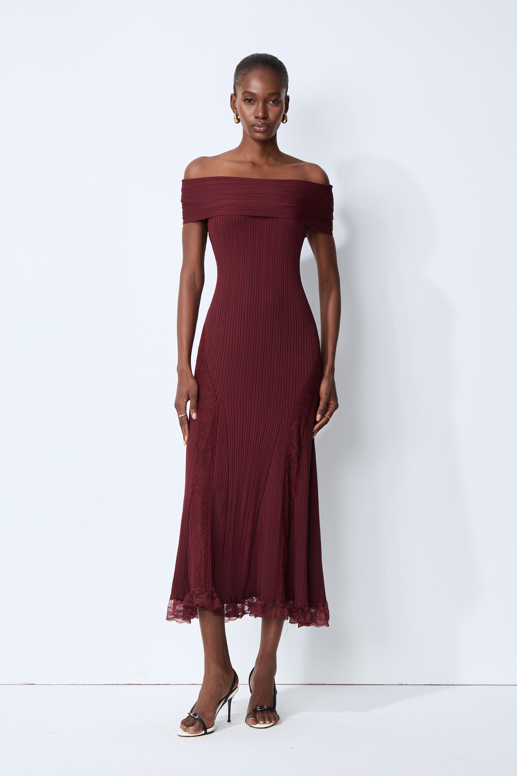 Magic Memory Burgundy Off Shoulder Lace Hem Knit Midi Dress