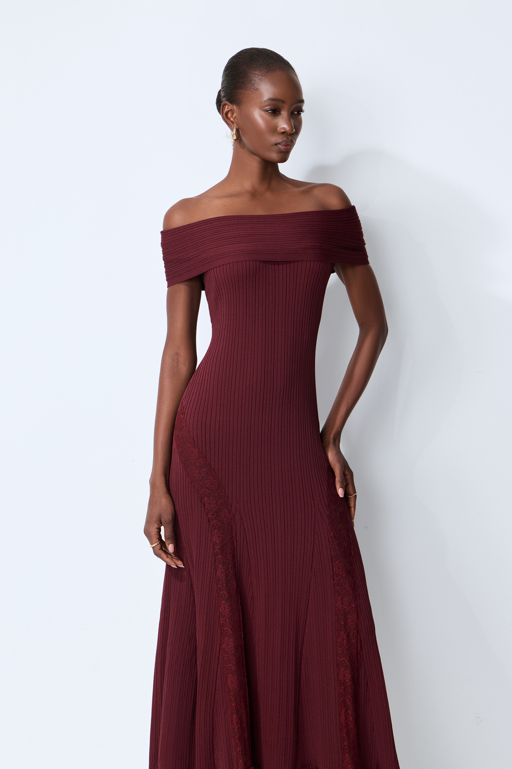 Magic Memory Burgundy Off Shoulder Lace Hem Knit Midi Dress