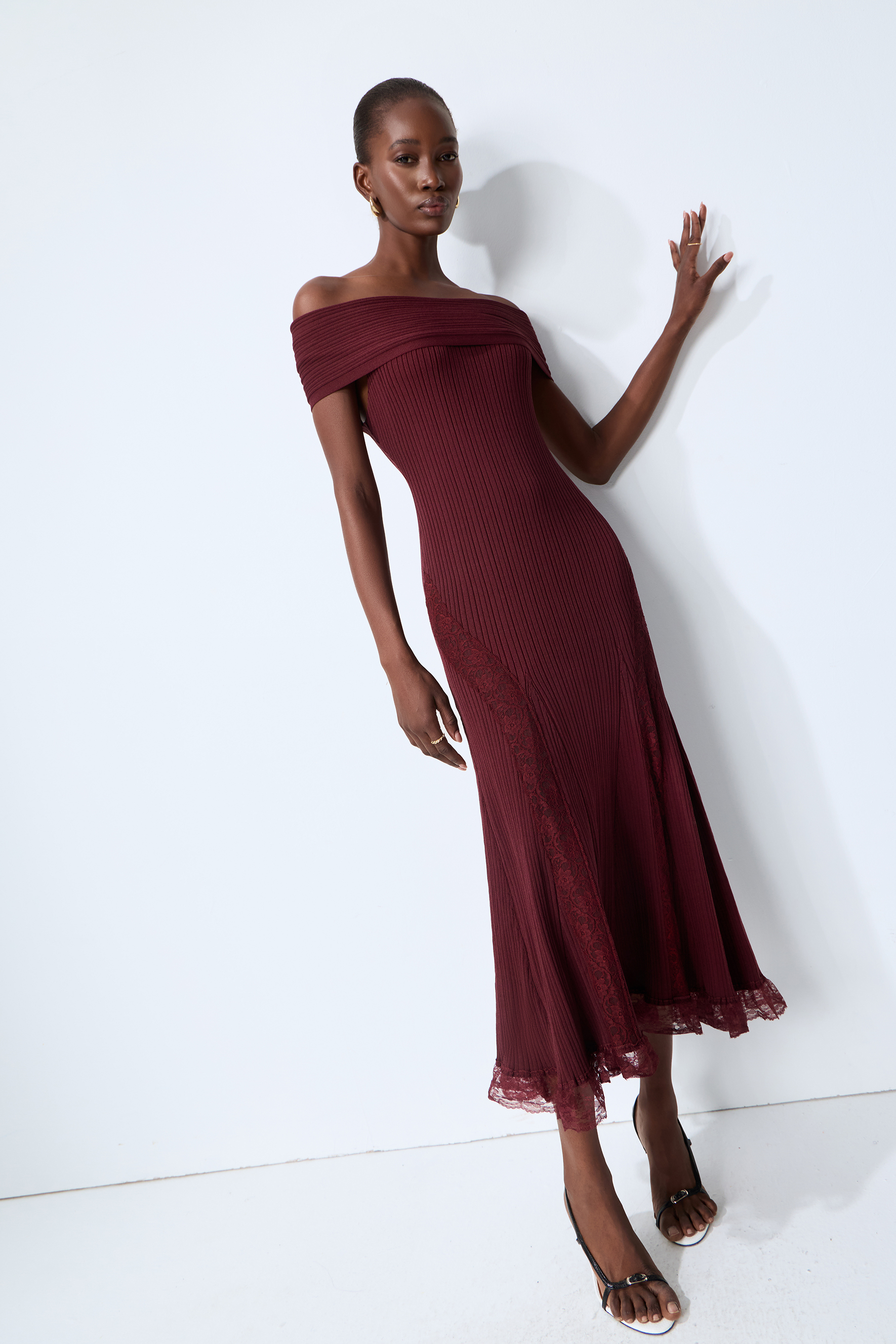 Magic Memory Burgundy Off Shoulder Lace Hem Knit Midi Dress