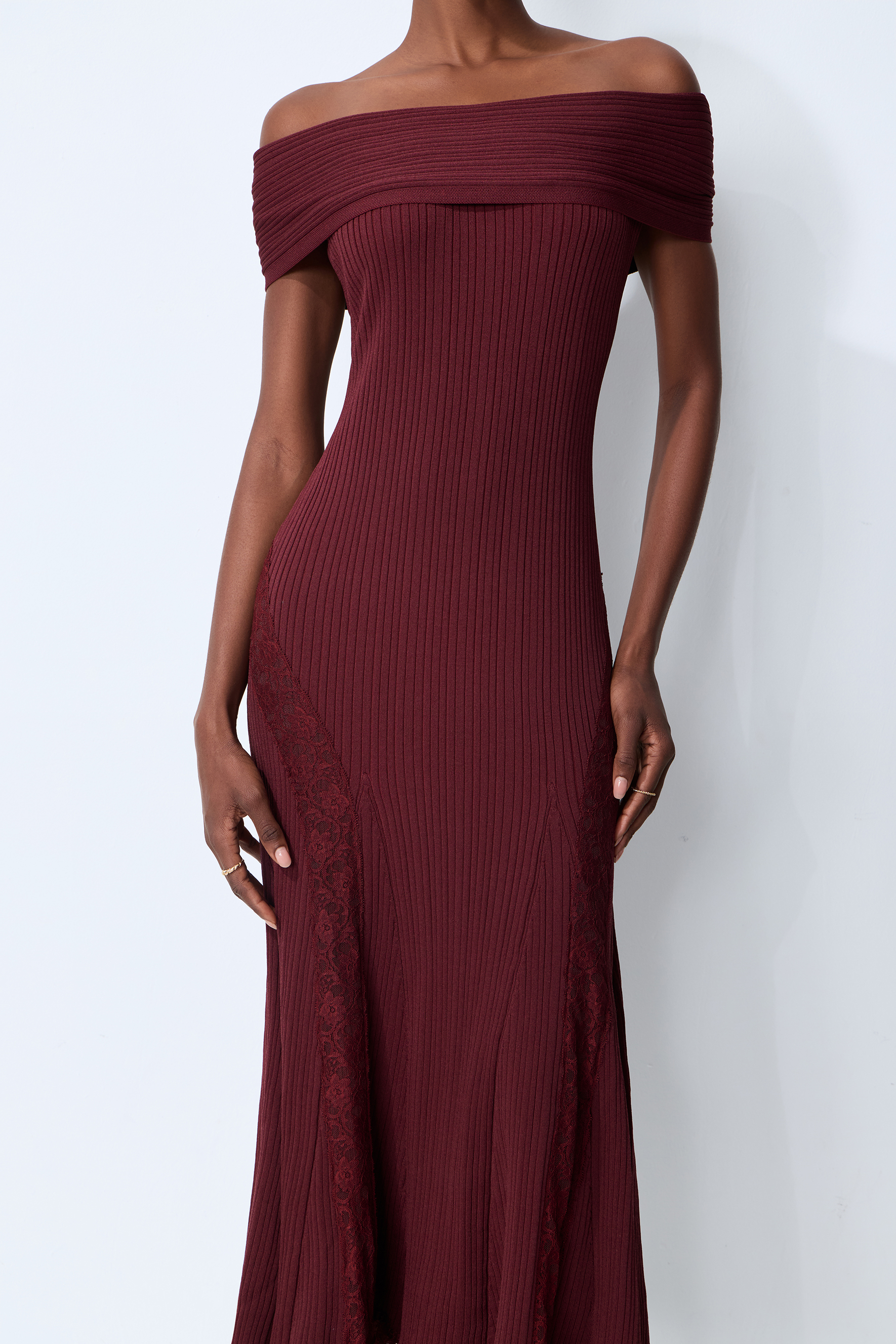 Magic Memory Burgundy Off Shoulder Lace Hem Knit Midi Dress