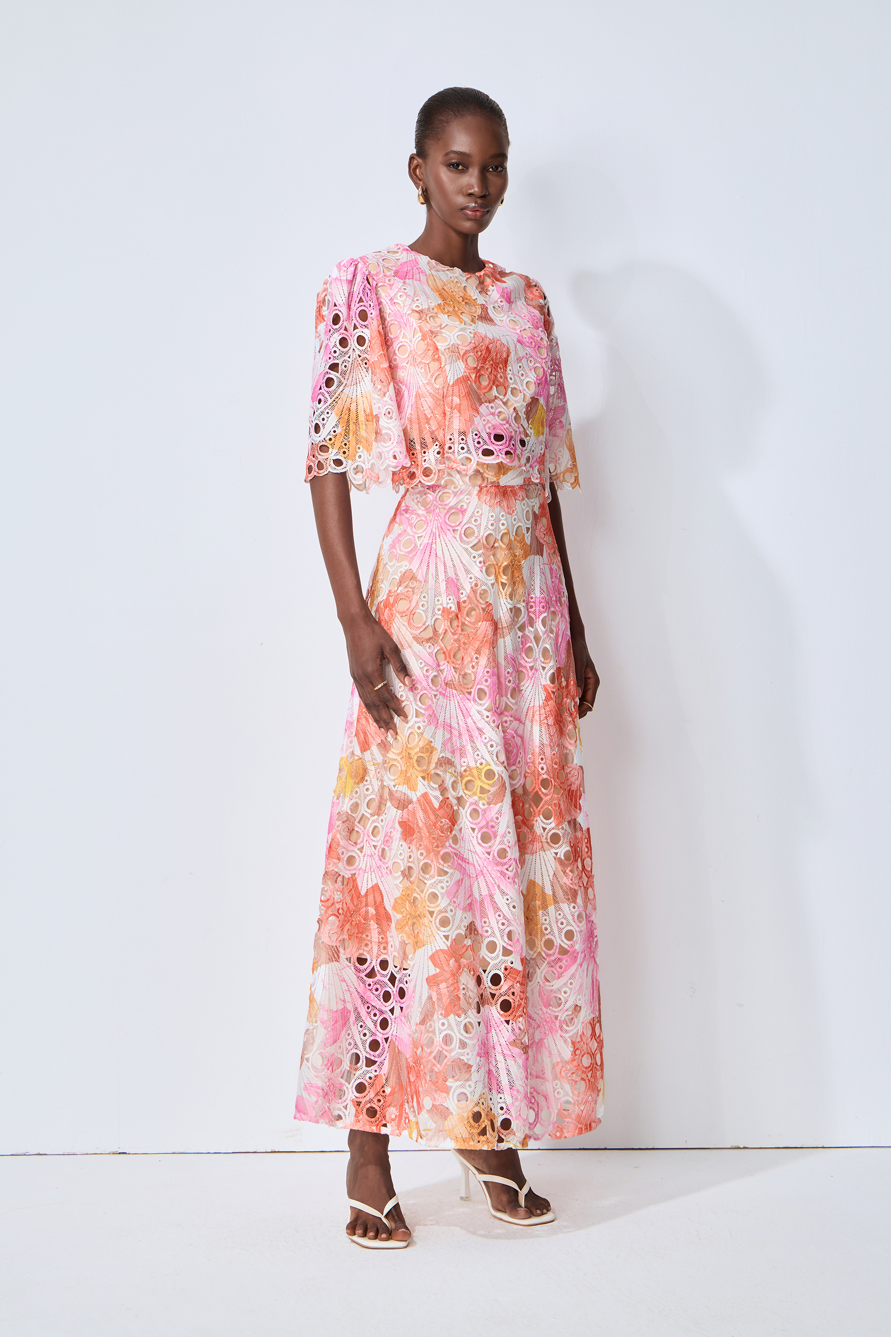 Captivate My Focus Multi Printed Eyelet Lace Top & Skirt Set