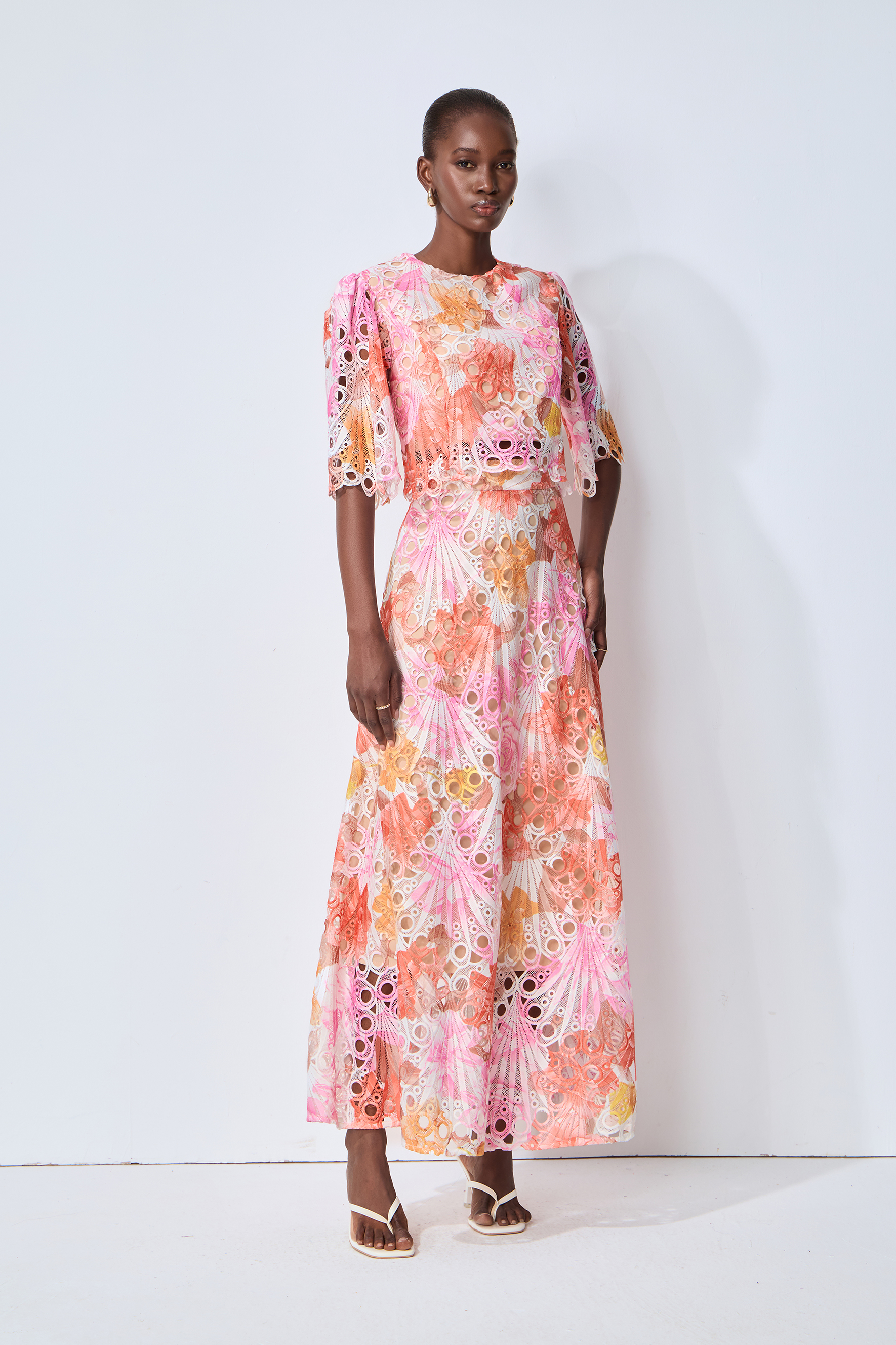 Captivate My Focus Multi Printed Eyelet Lace Top & Skirt Set