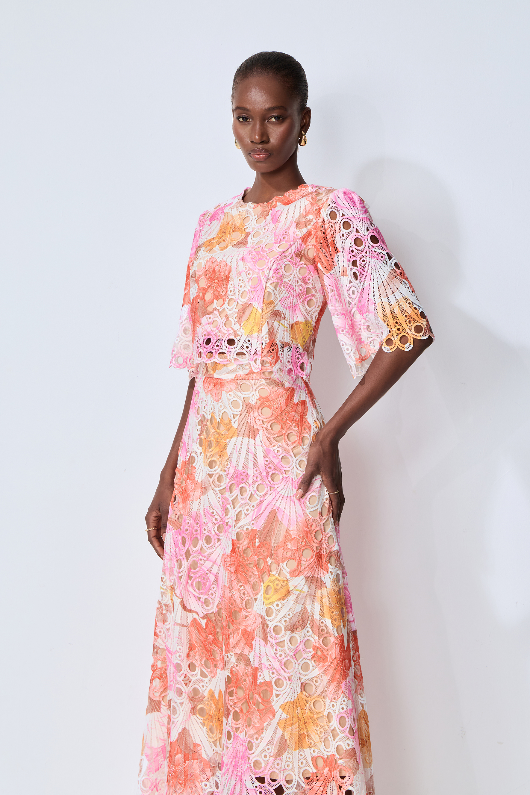 Captivate My Focus Multi Printed Eyelet Lace Top & Skirt Set