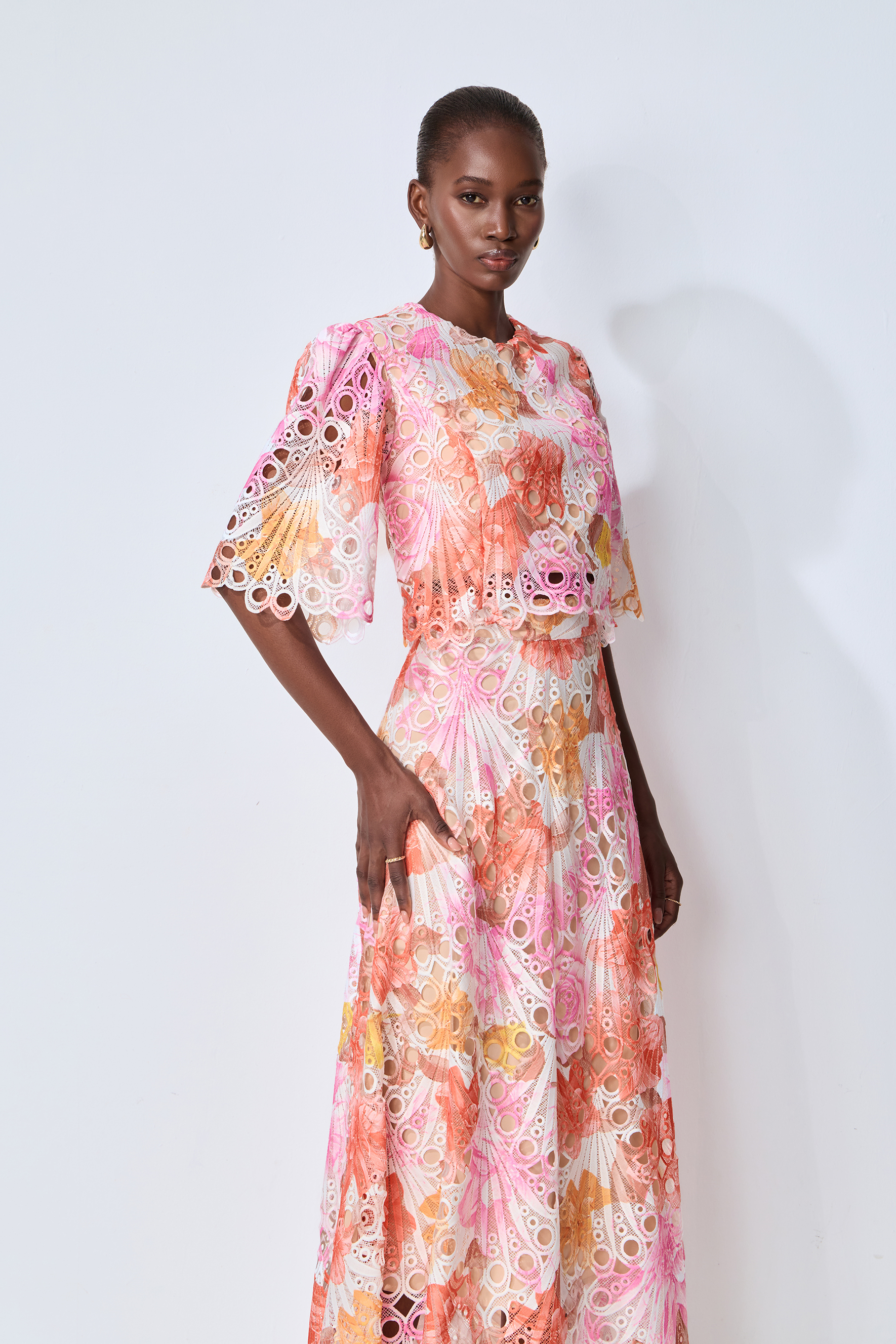 Captivate My Focus Multi Printed Eyelet Lace Top & Skirt Set