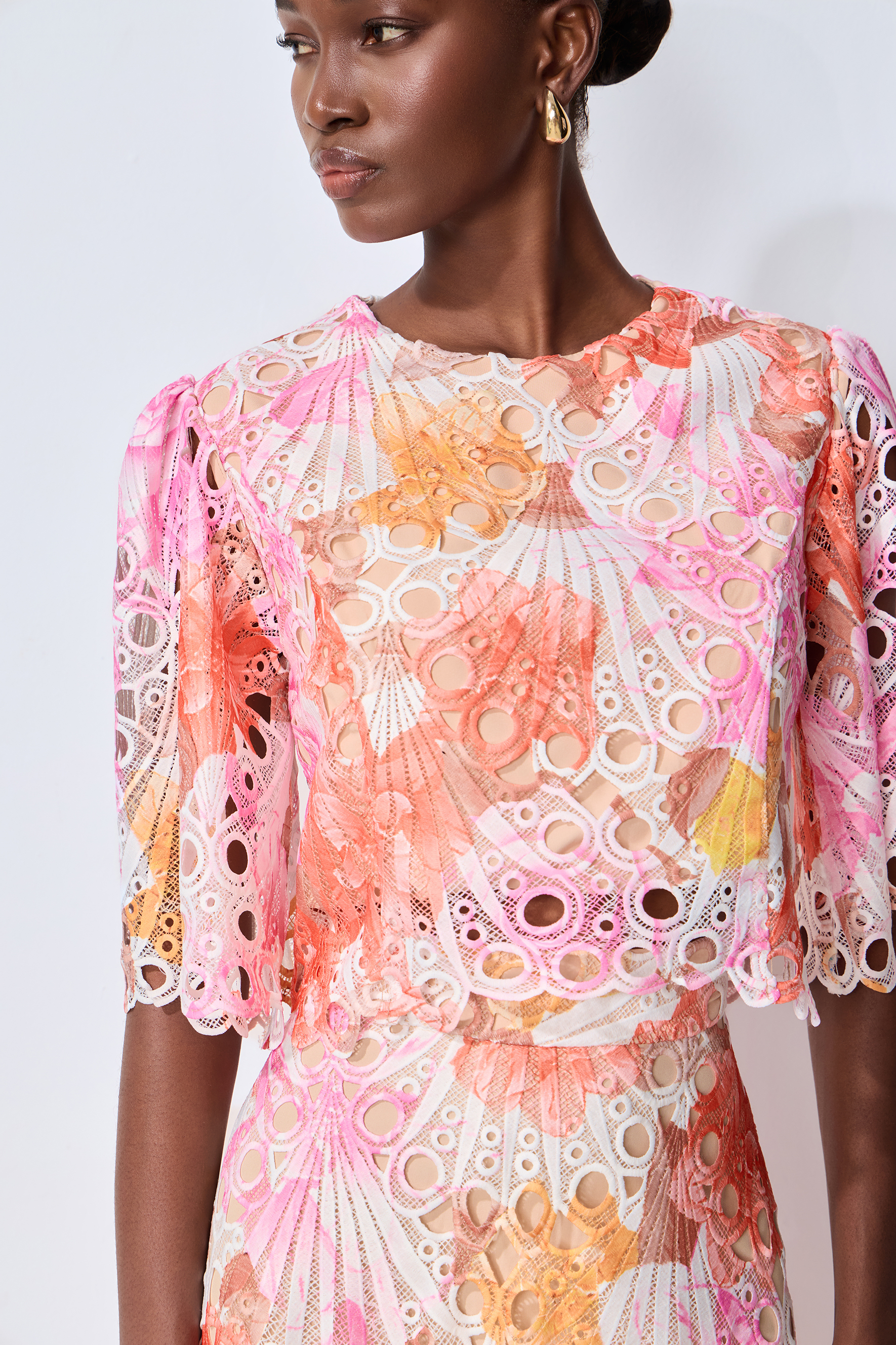 Captivate My Focus Multi Printed Eyelet Lace Top & Skirt Set