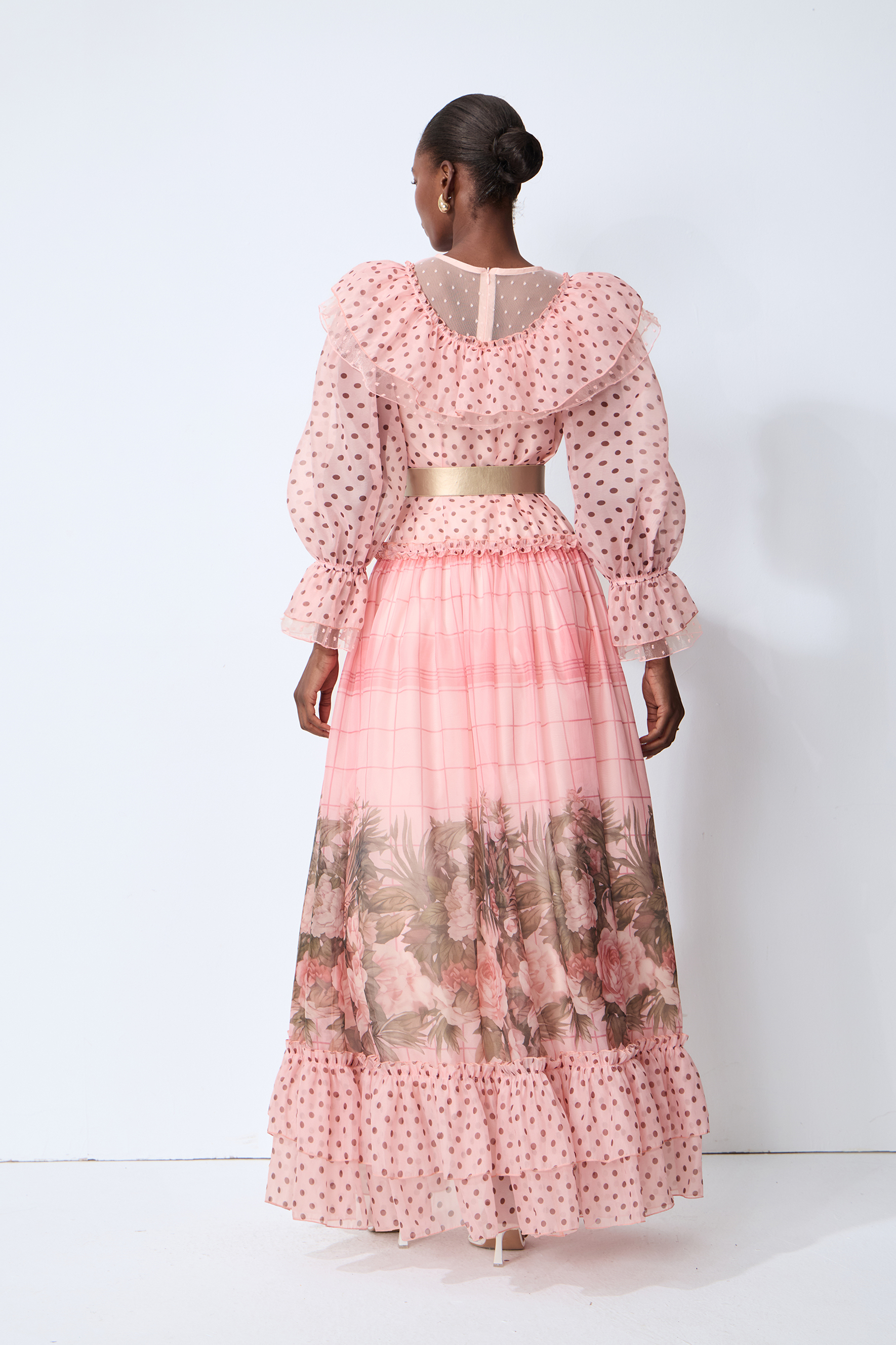 Modern Art Pink Polka Dot Floral Print Maxi Dress