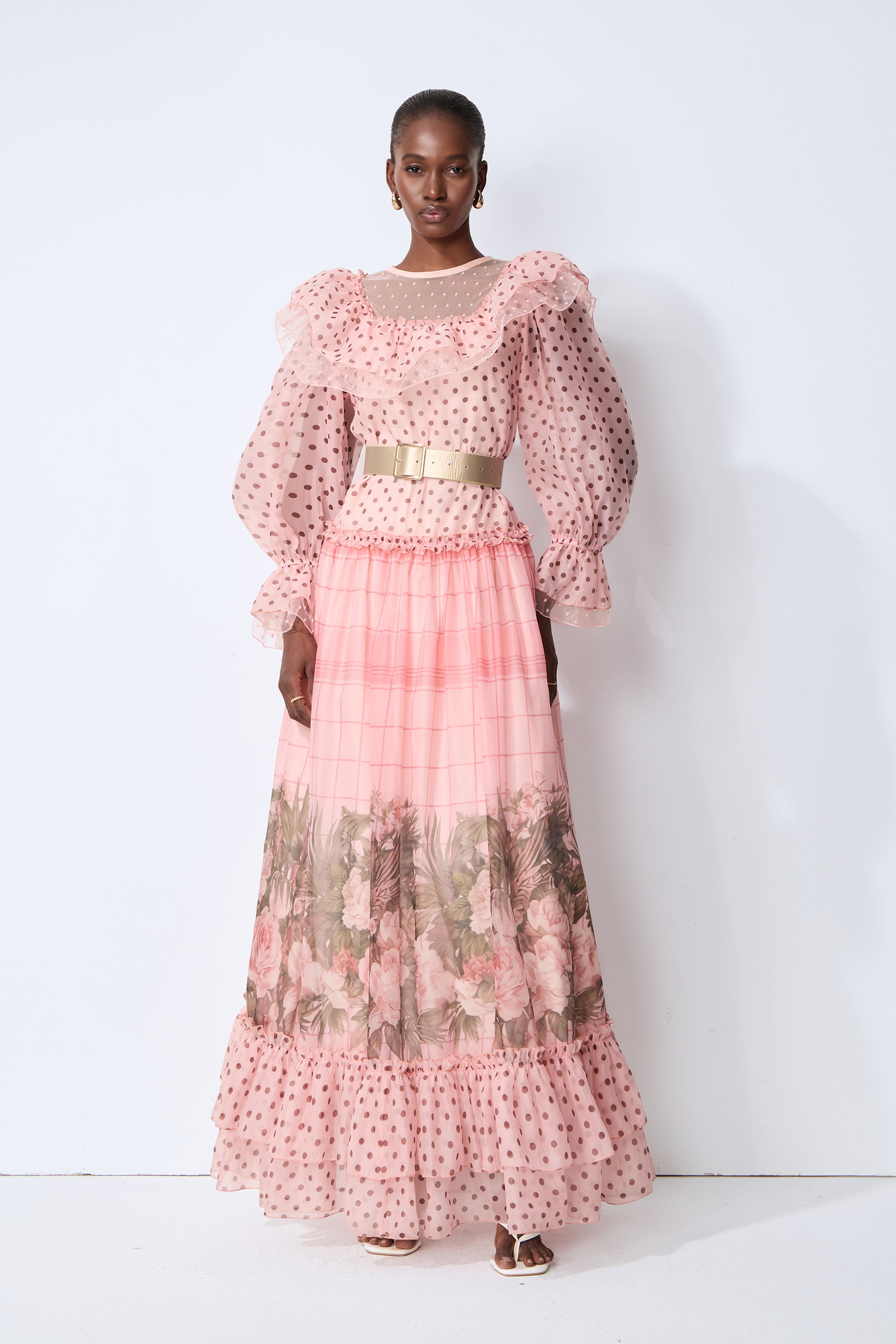 Modern Art Pink Polka Dot Floral Print Maxi Dress