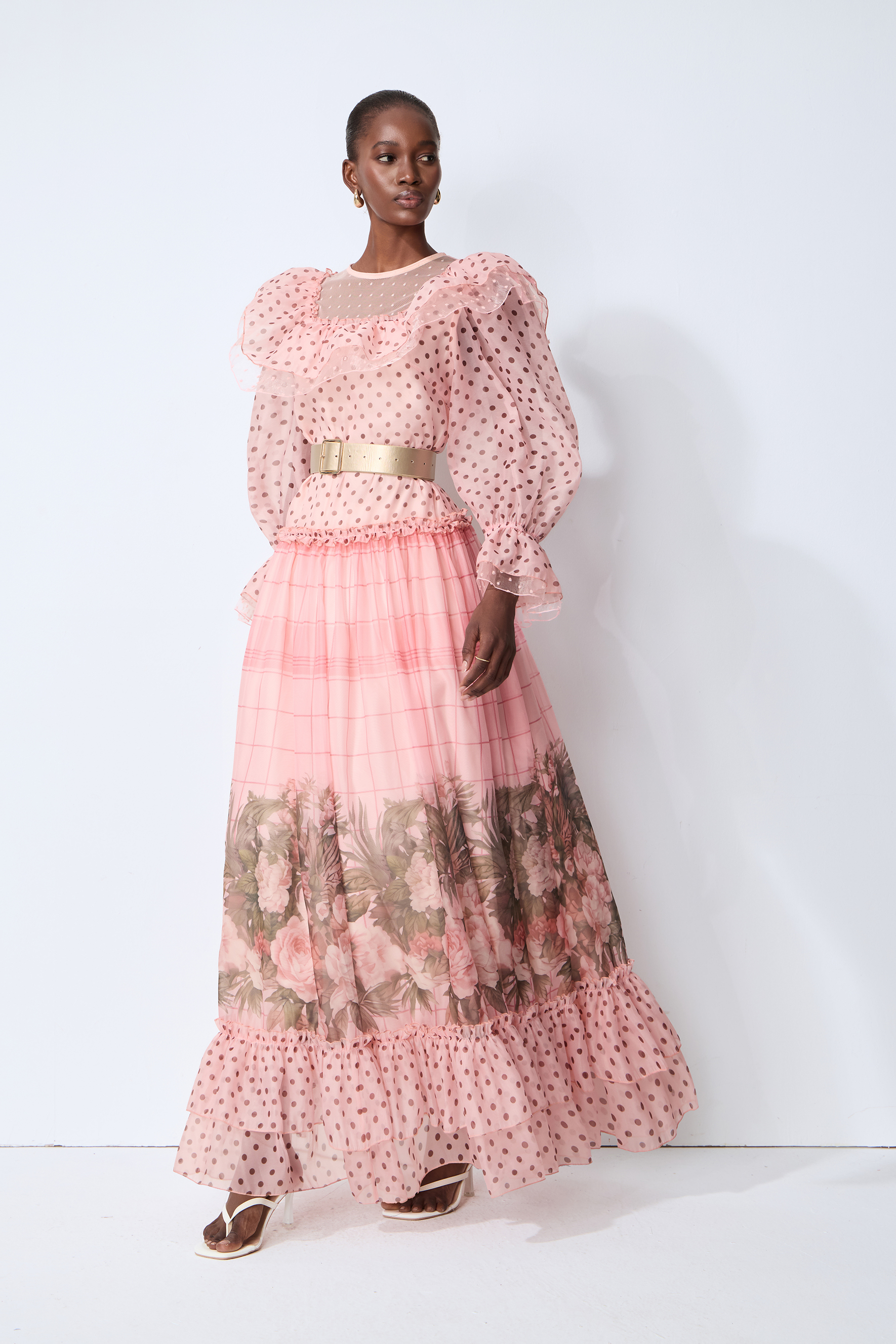 Modern Art Pink Polka Dot Floral Print Maxi Dress