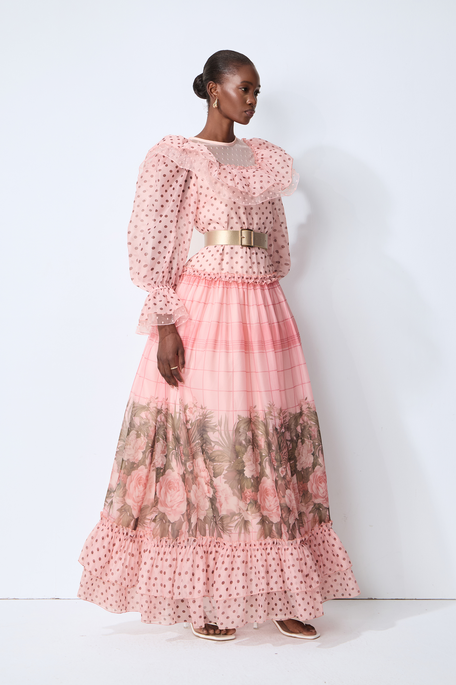Modern Art Pink Polka Dot Floral Print Maxi Dress