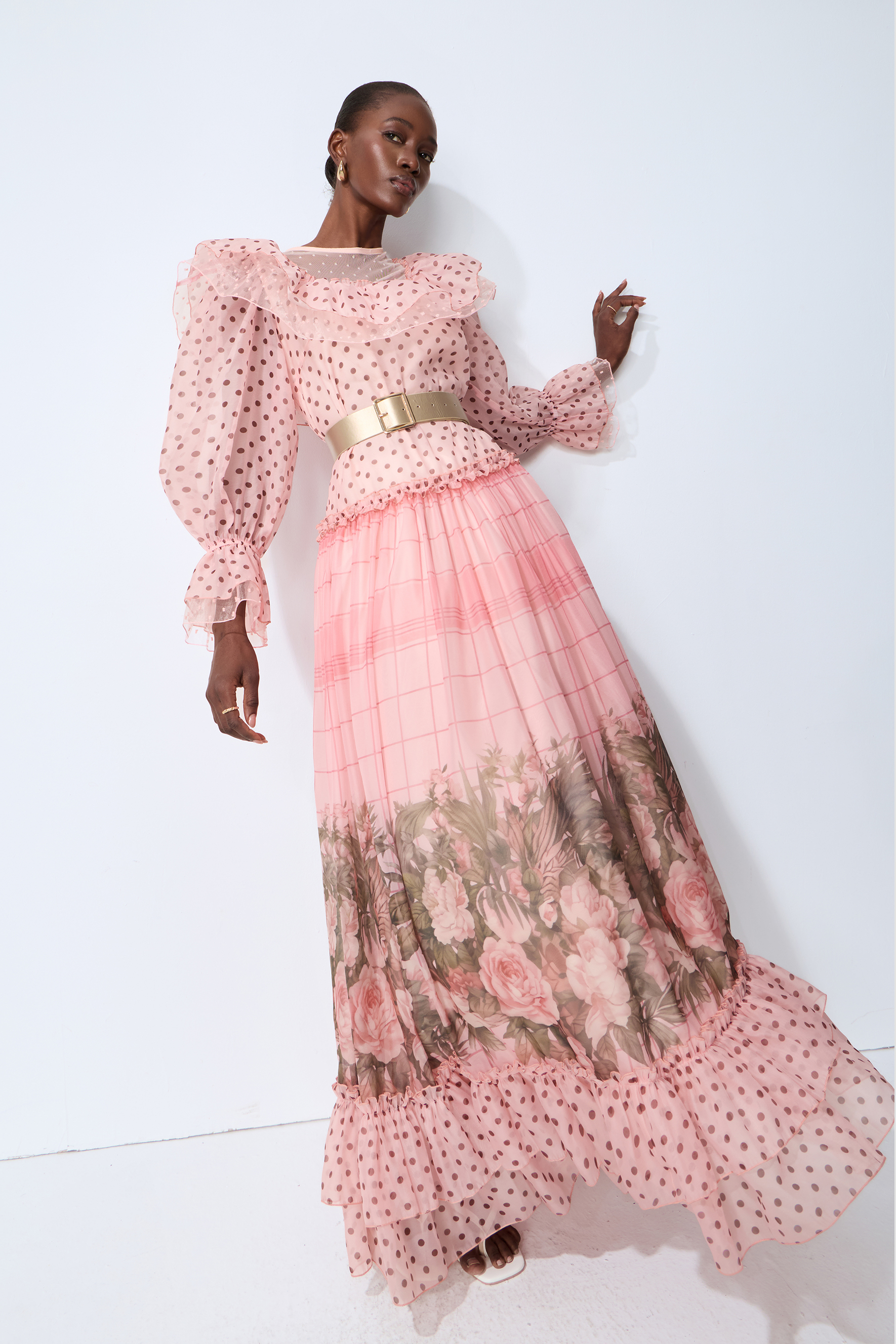 Modern Art Pink Polka Dot Floral Print Maxi Dress