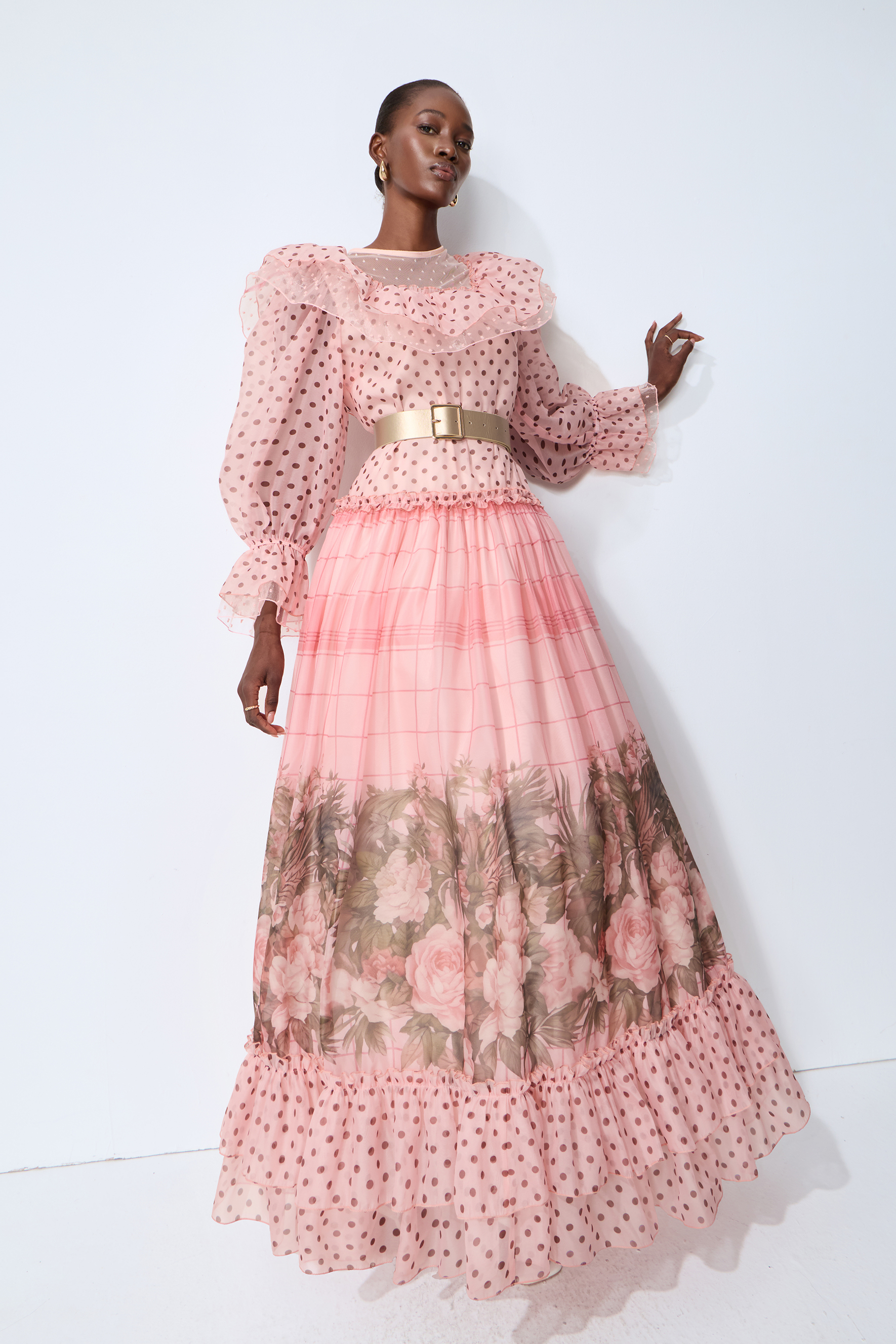 Modern Art Pink Polka Dot Floral Print Maxi Dress