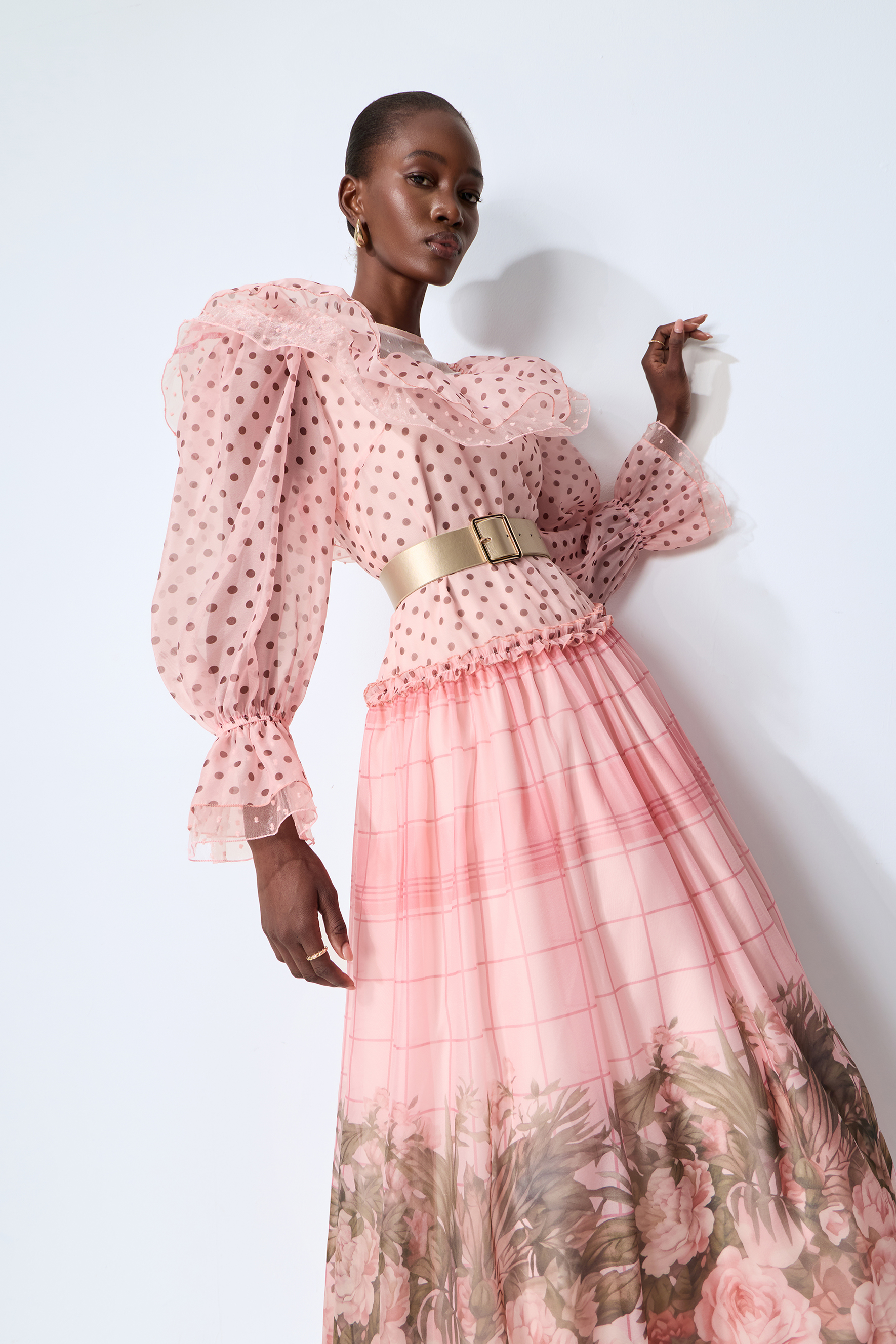 Modern Art Pink Polka Dot Floral Print Maxi Dress