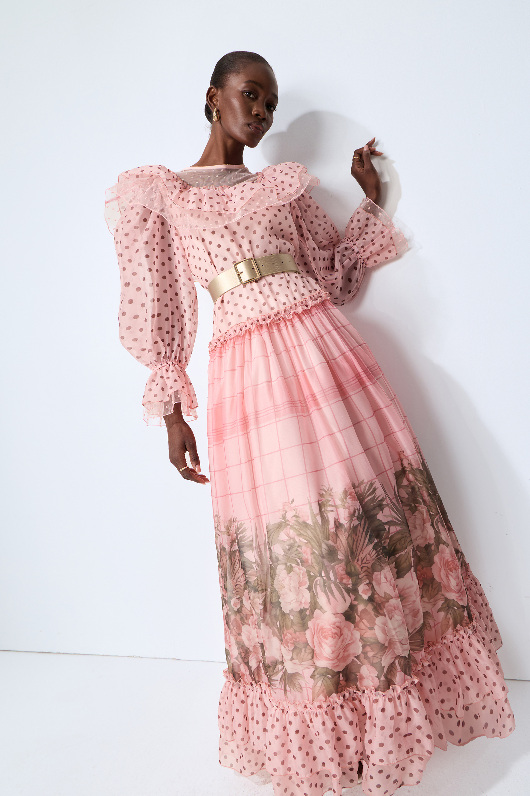 Modern Art Pink Polka Dot Floral Print Maxi Dress