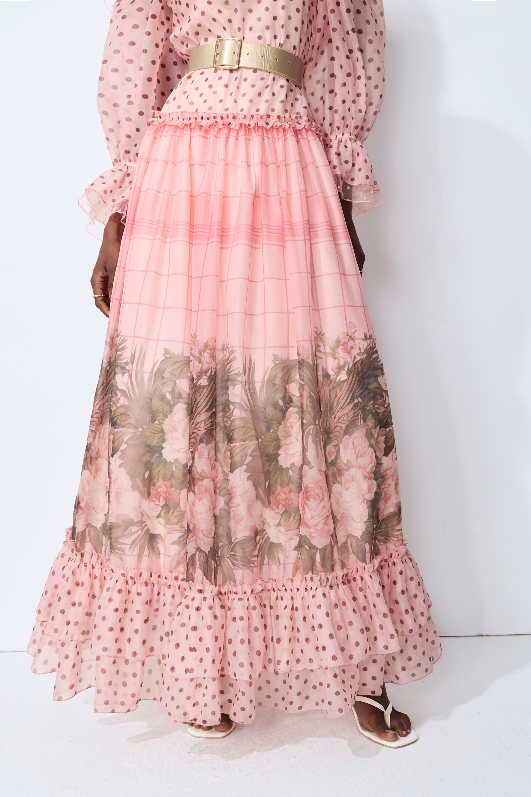 Modern Art Pink Polka Dot Floral Print Maxi Dress