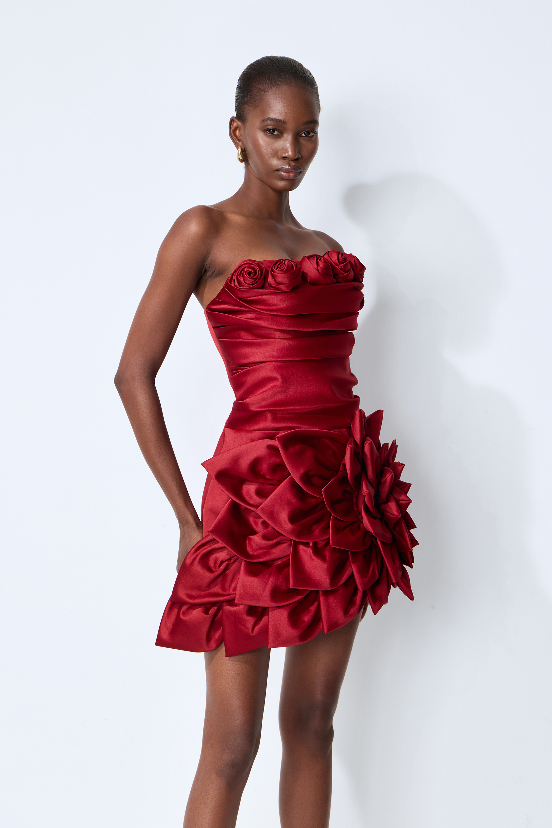 Best Part Of Me Red Rose Applique Strapless Satin Mini Dress