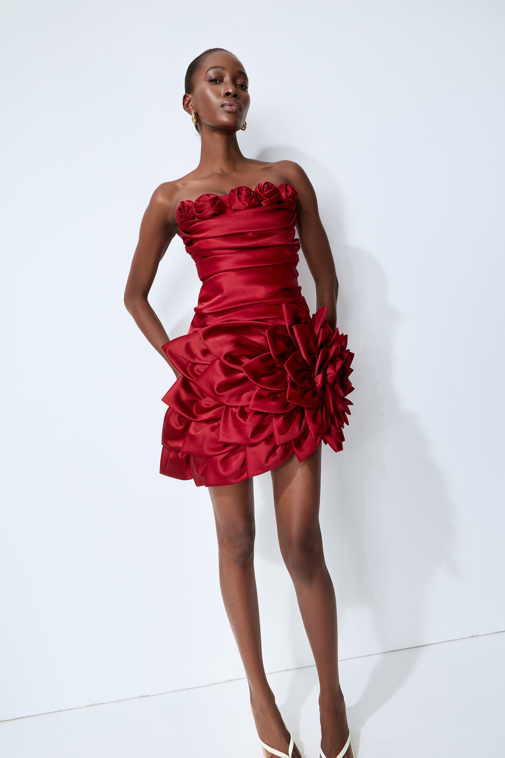 Best Part Of Me Red Rose Applique Strapless Satin Mini Dress