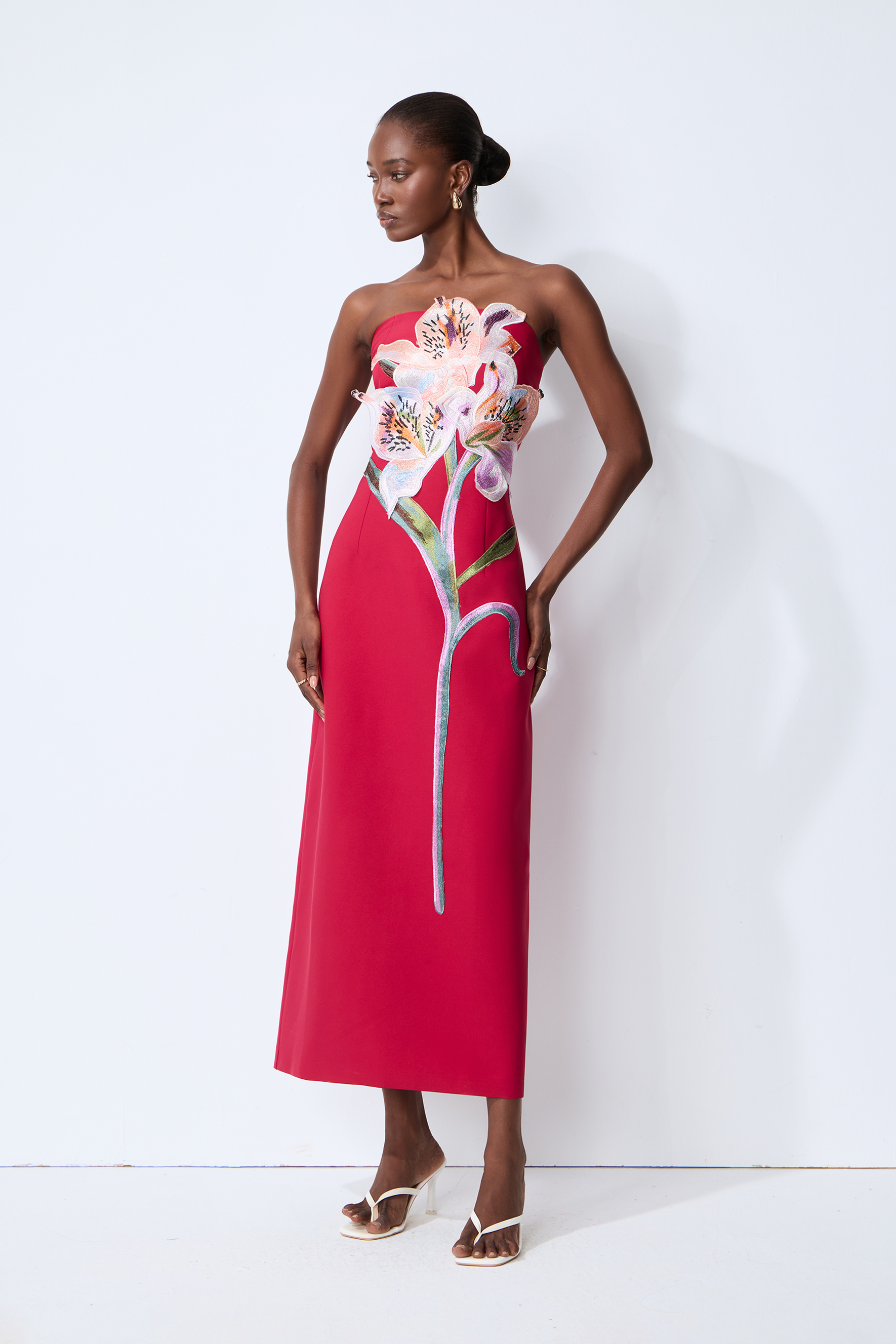 Lights Camera Action Hot Pink Floral Applique Strapless Slit Maxi Dress