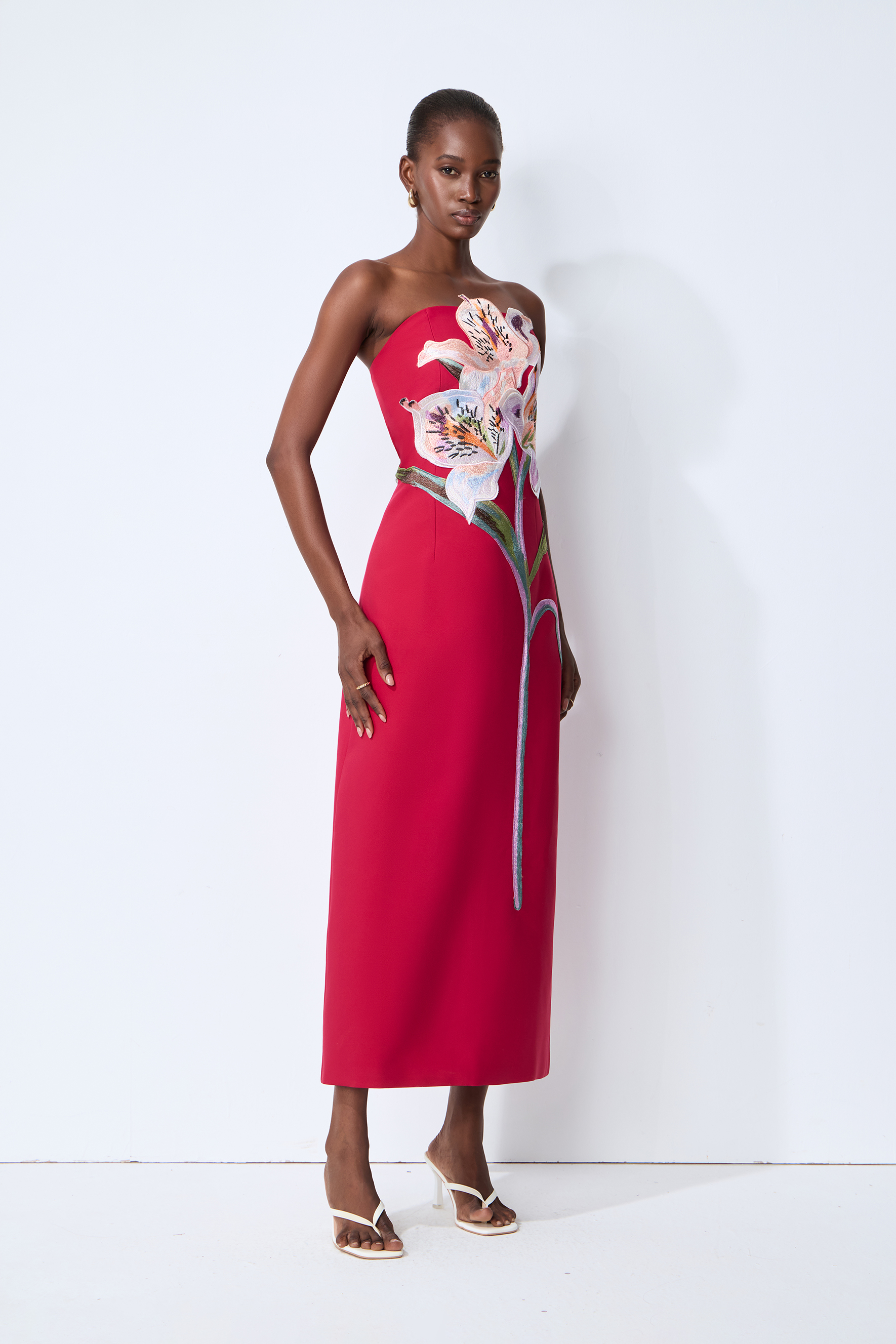 Lights Camera Action Hot Pink Floral Applique Strapless Slit Maxi Dress