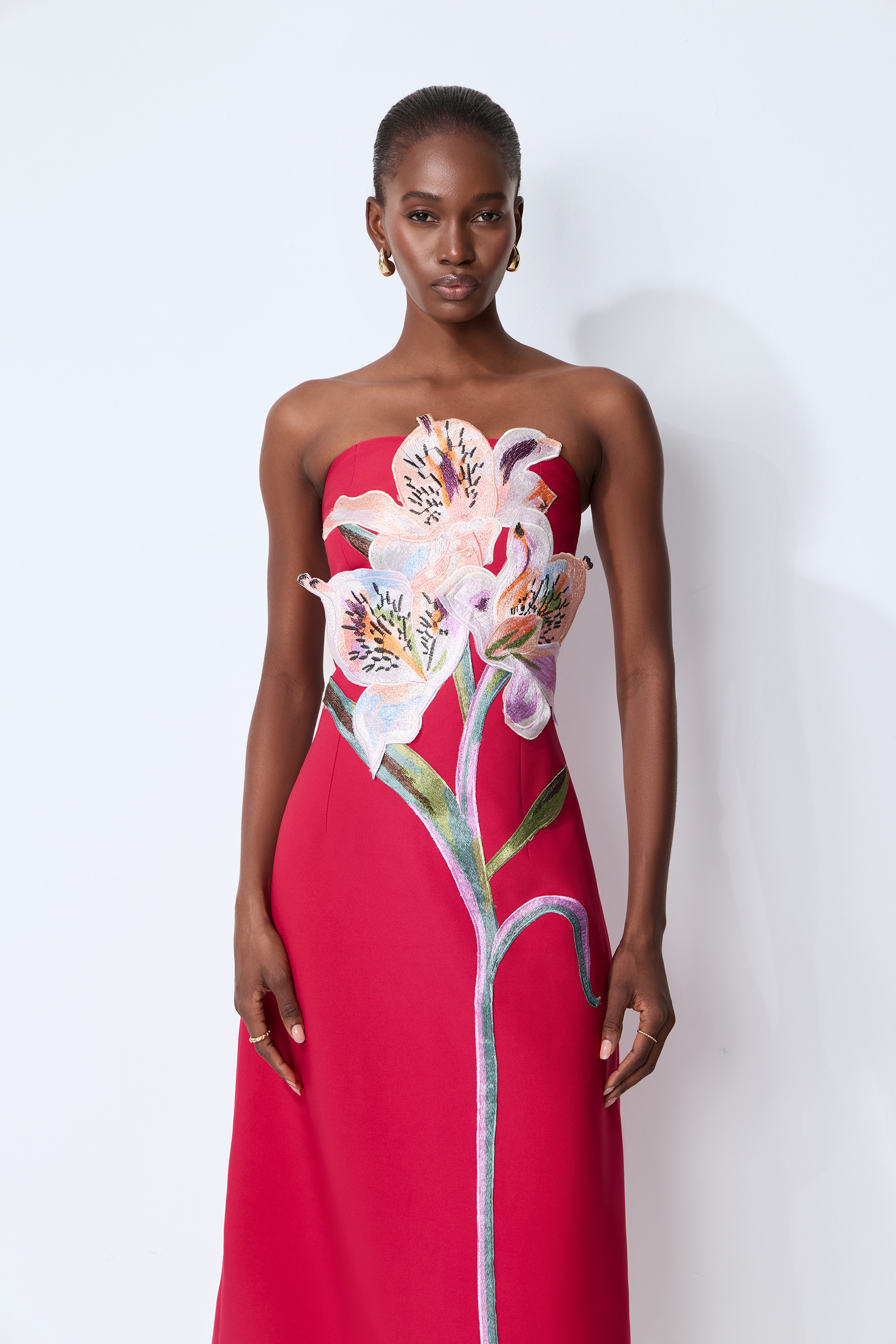 Lights Camera Action Hot Pink Floral Applique Strapless Slit Maxi Dress