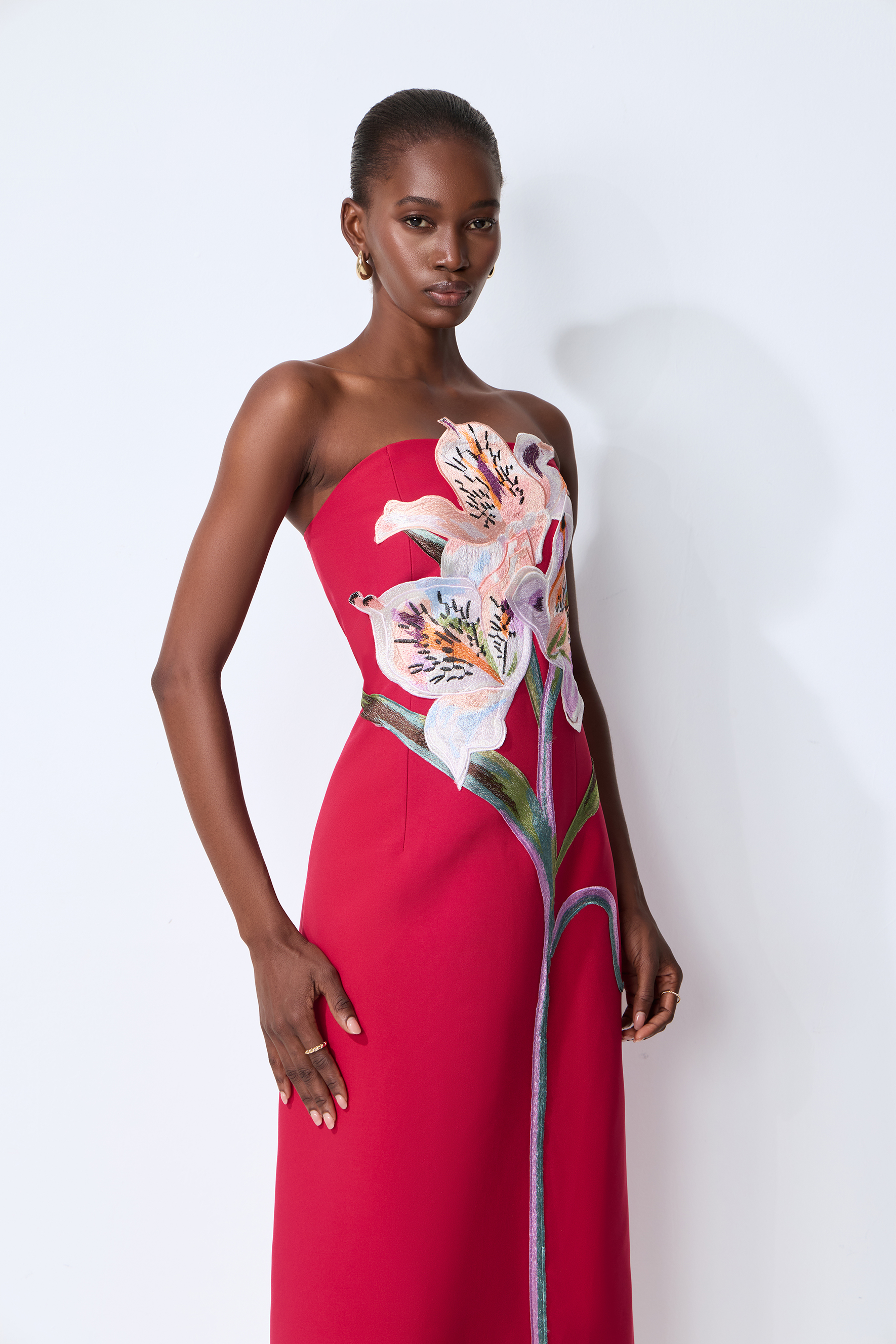 Lights Camera Action Hot Pink Floral Applique Strapless Slit Maxi Dress