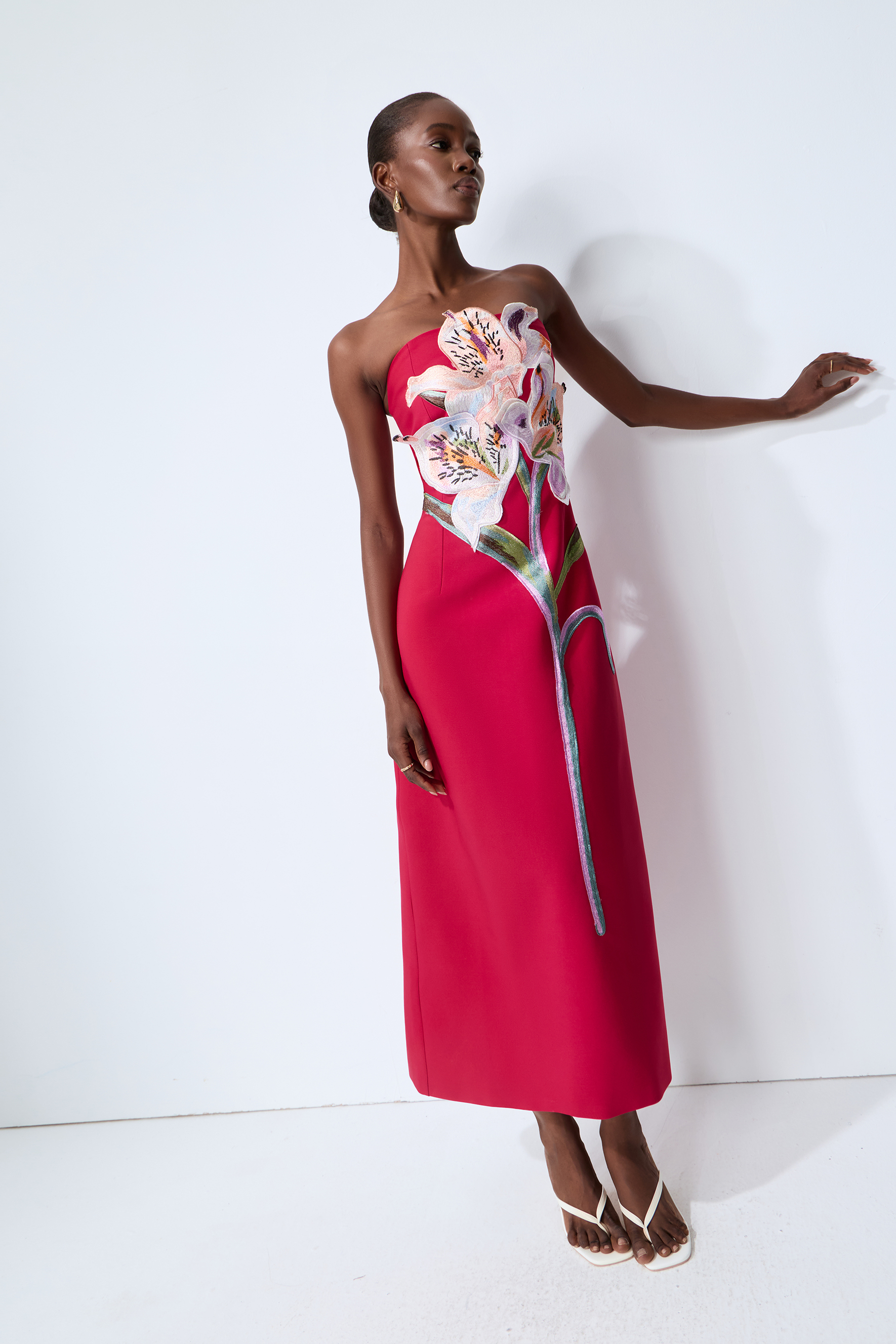 Lights Camera Action Hot Pink Floral Applique Strapless Slit Maxi Dress