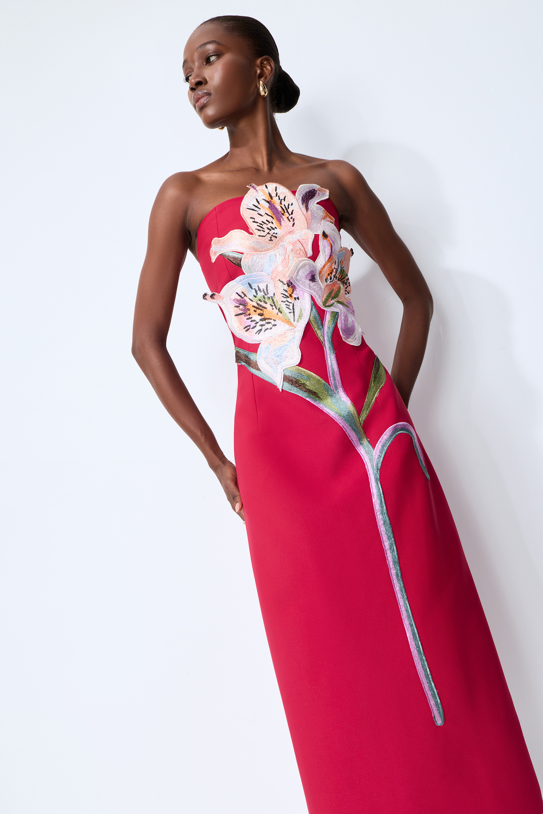 Lights Camera Action Hot Pink Floral Applique Strapless Slit Maxi Dress