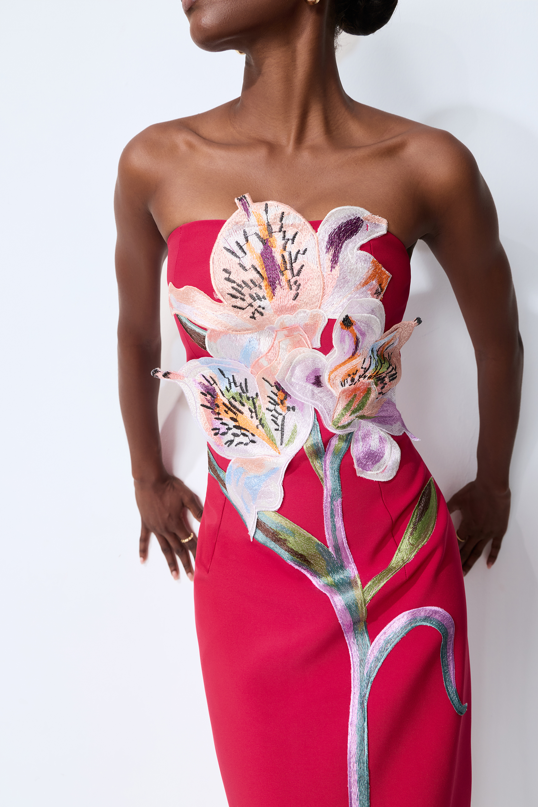 Lights Camera Action Hot Pink Floral Applique Strapless Slit Maxi Dress