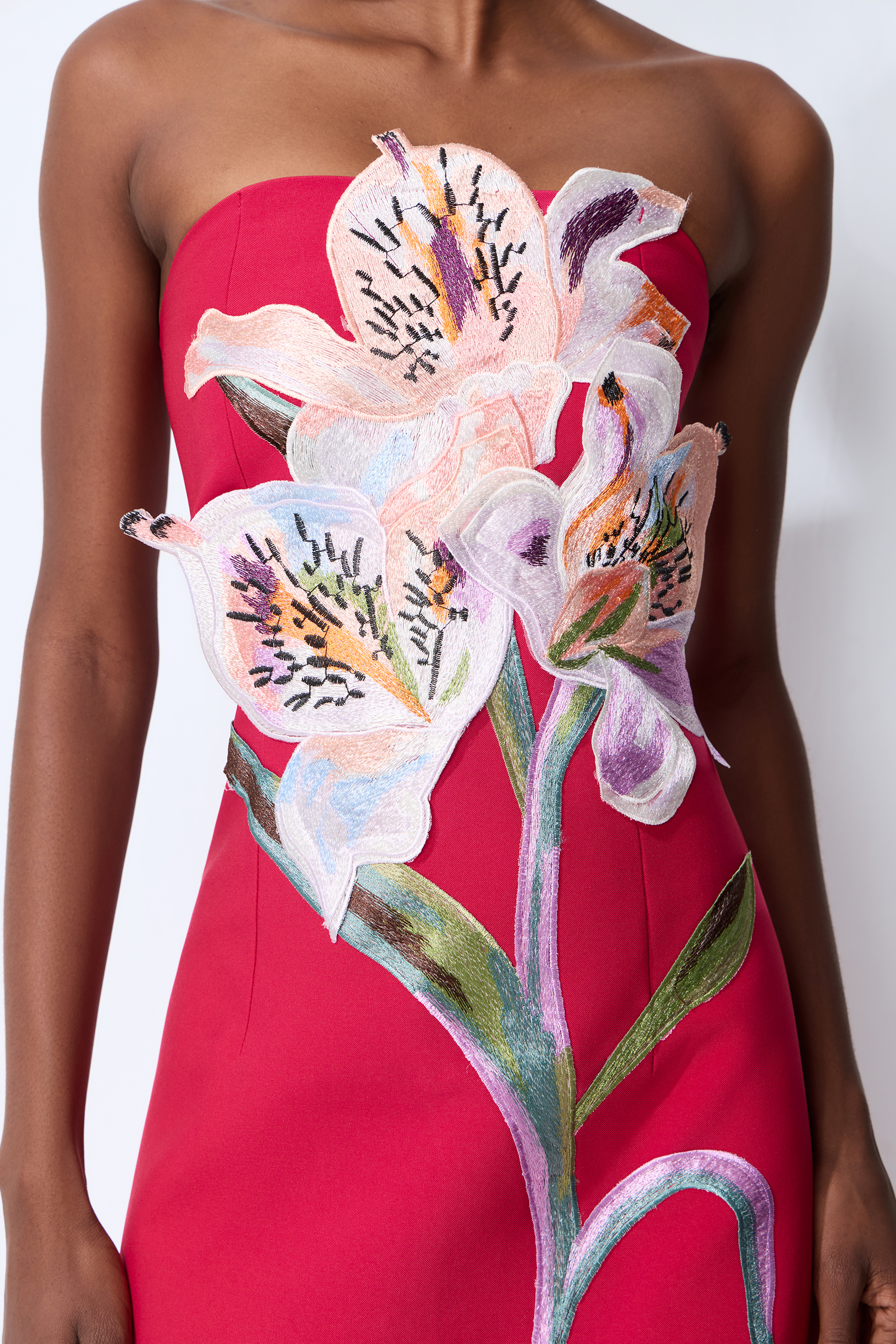 Lights Camera Action Hot Pink Floral Applique Strapless Slit Maxi Dress