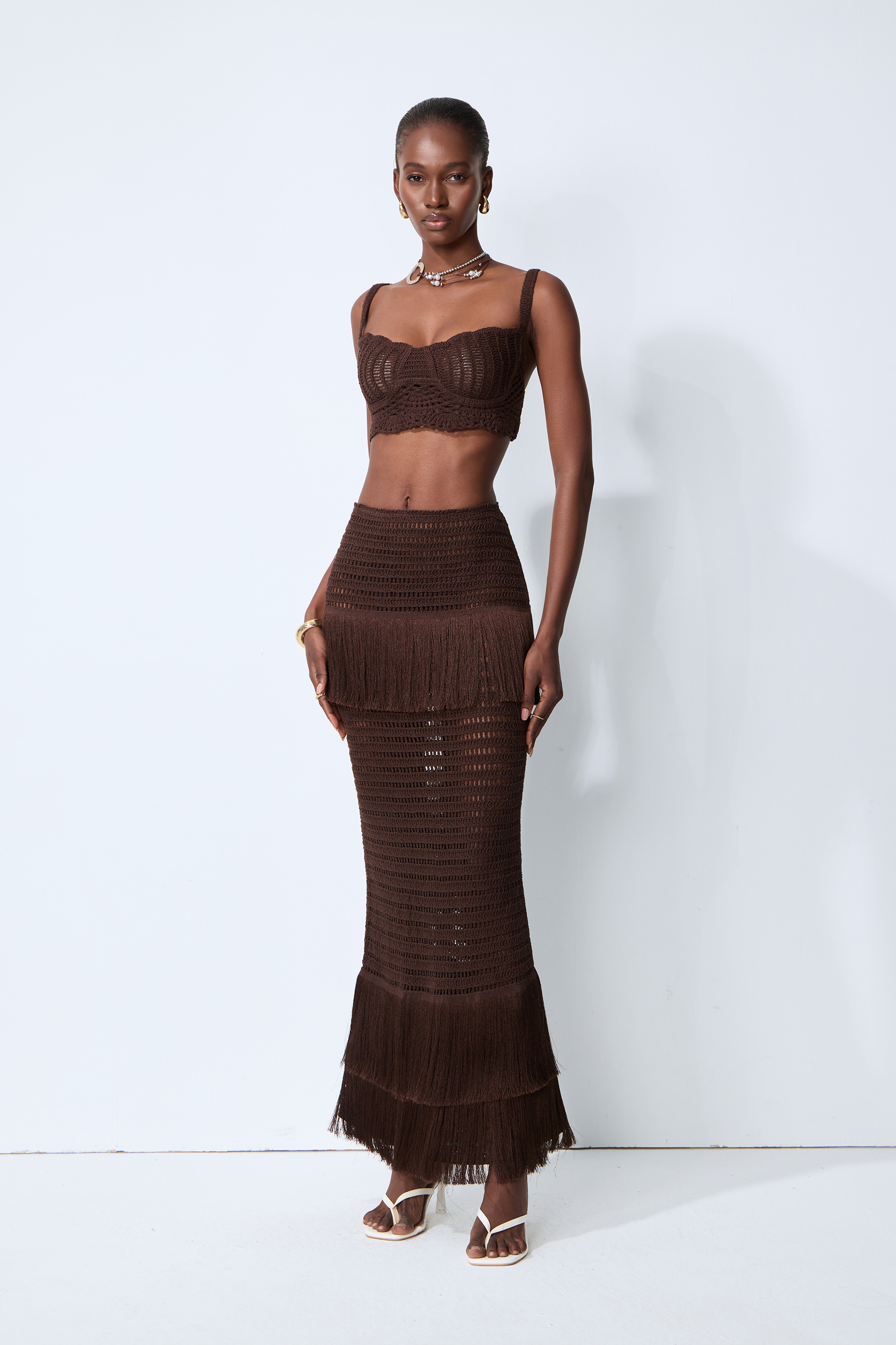 Sunlit Paradise Brown Crochet Knit Top & Fringe Skirt Set