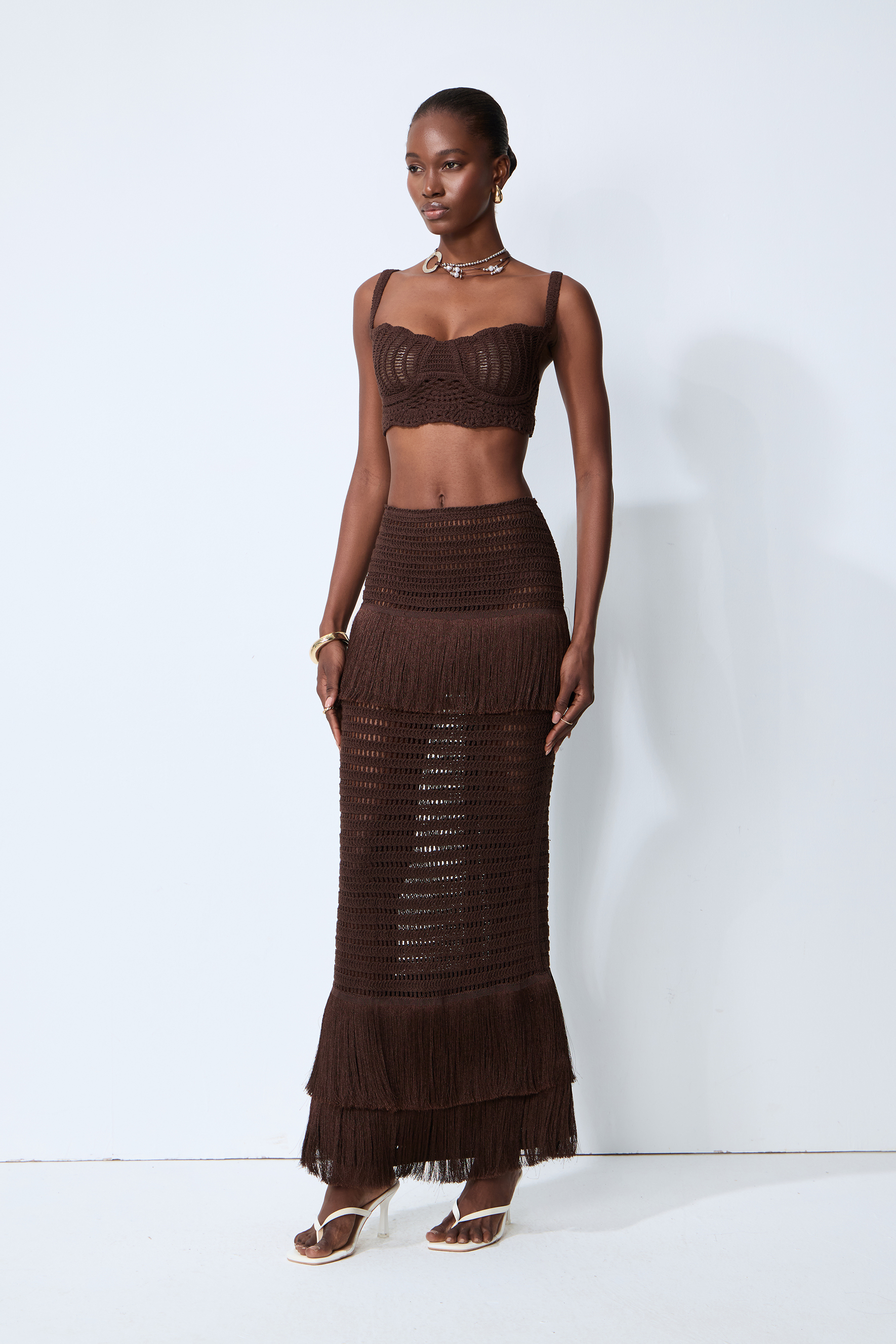 Sunlit Paradise Brown Crochet Knit Top & Fringe Skirt Set – sunfere