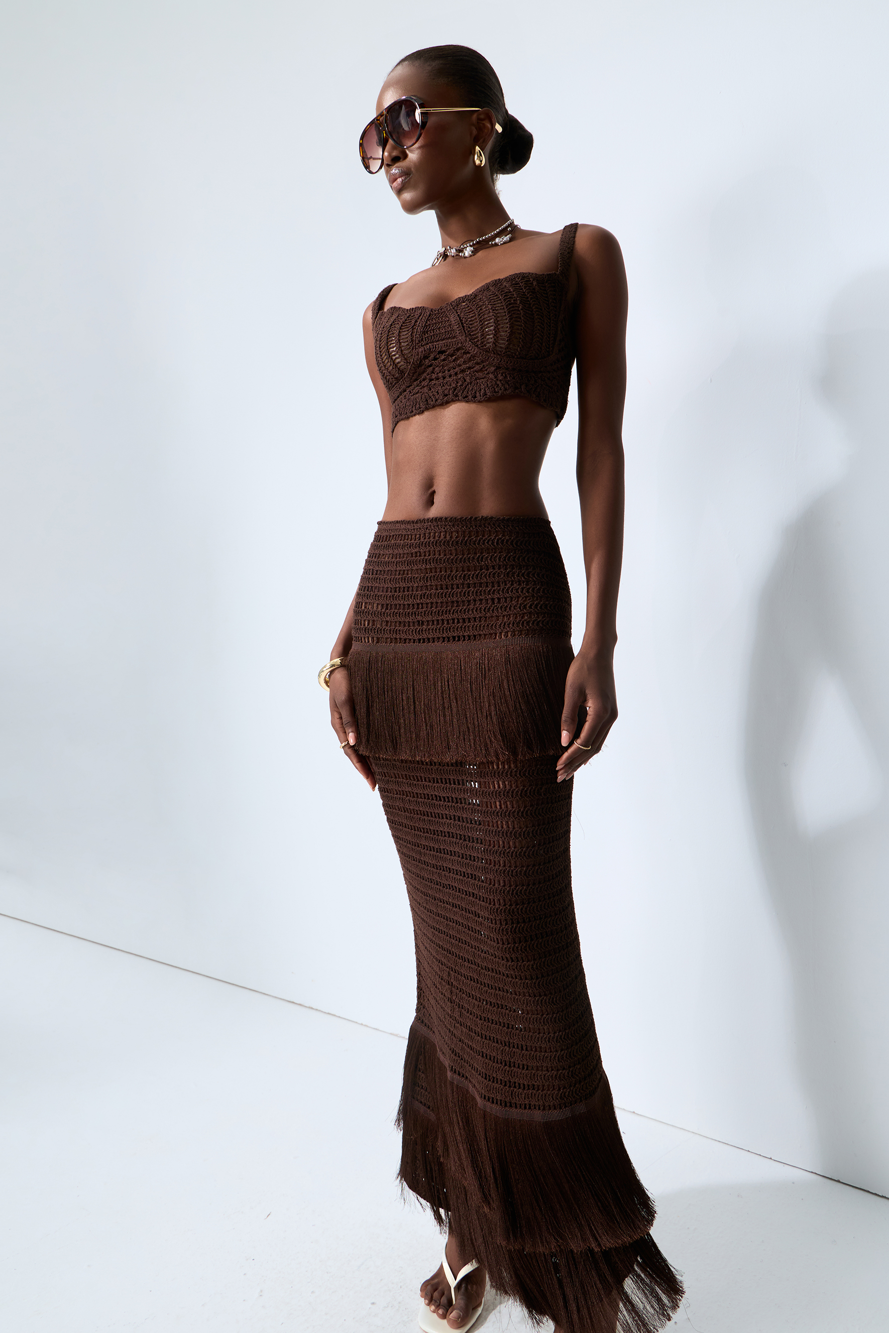 Sunlit Paradise Brown Crochet Knit Top & Fringe Skirt Set – sunfere