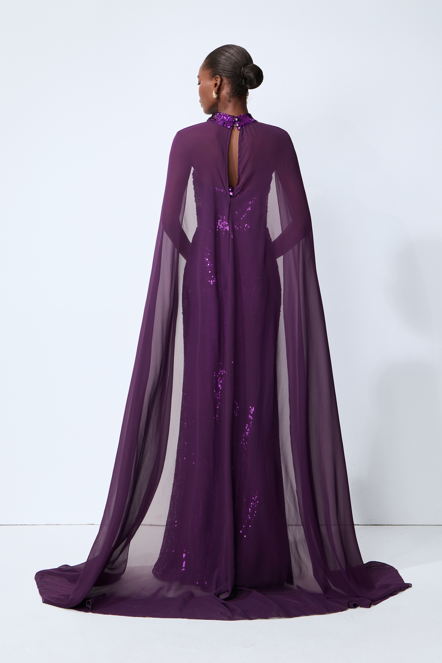 Night Sparkle Purple Sequin Capelet Maxi Dress