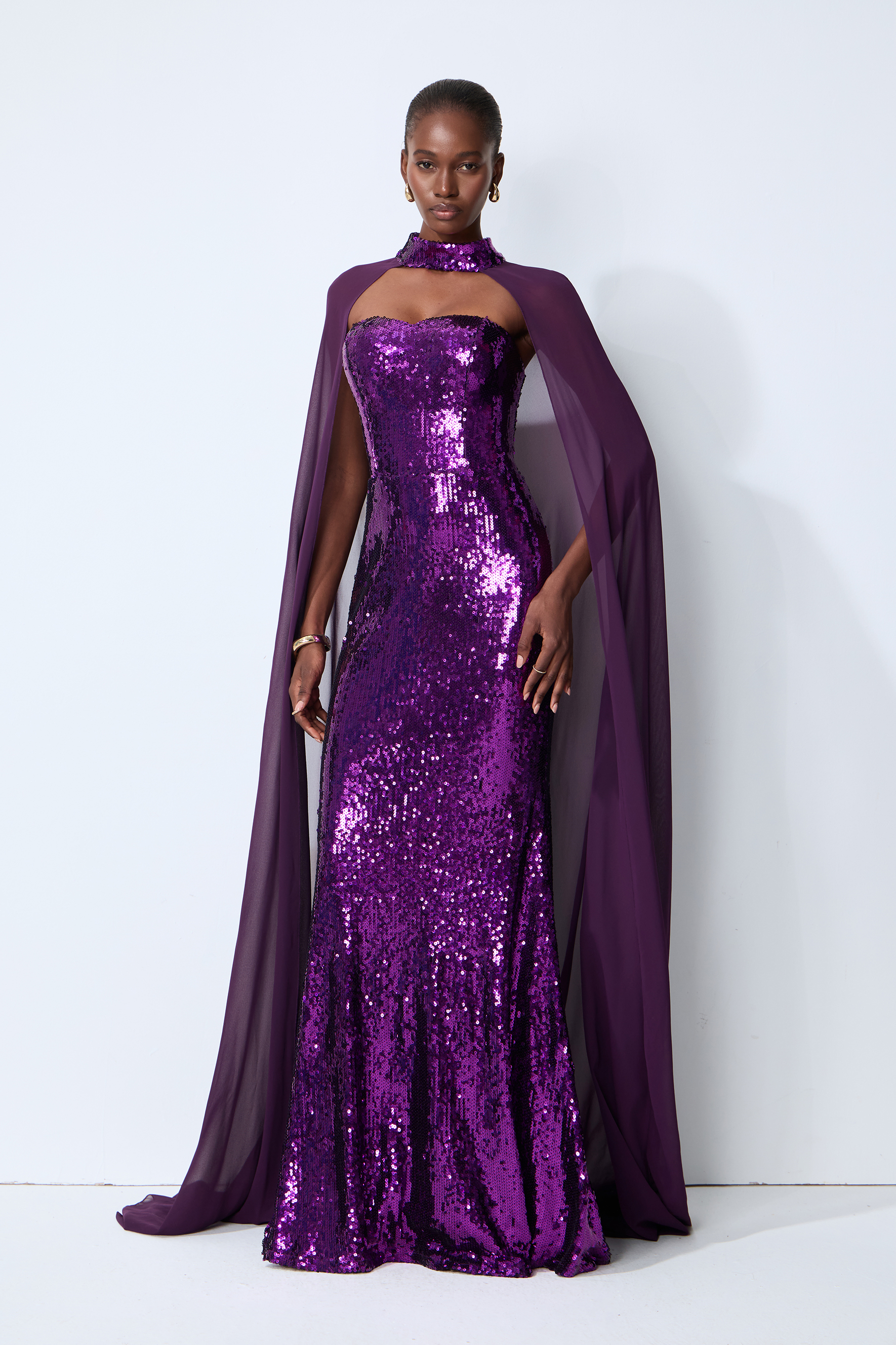 Night Sparkle Purple Sequin Capelet Maxi Dress
