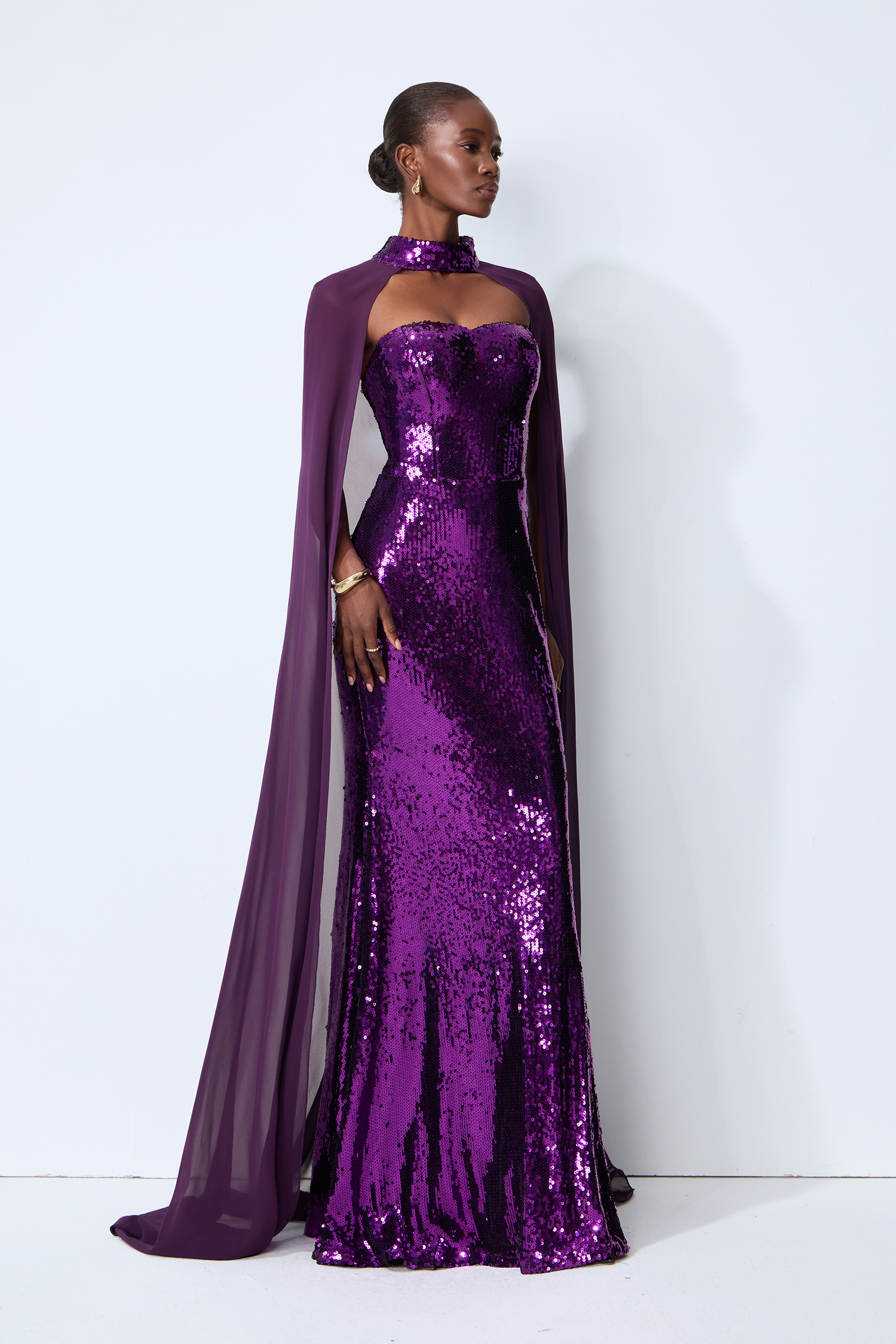Night Sparkle Purple Sequin Capelet Maxi Dress