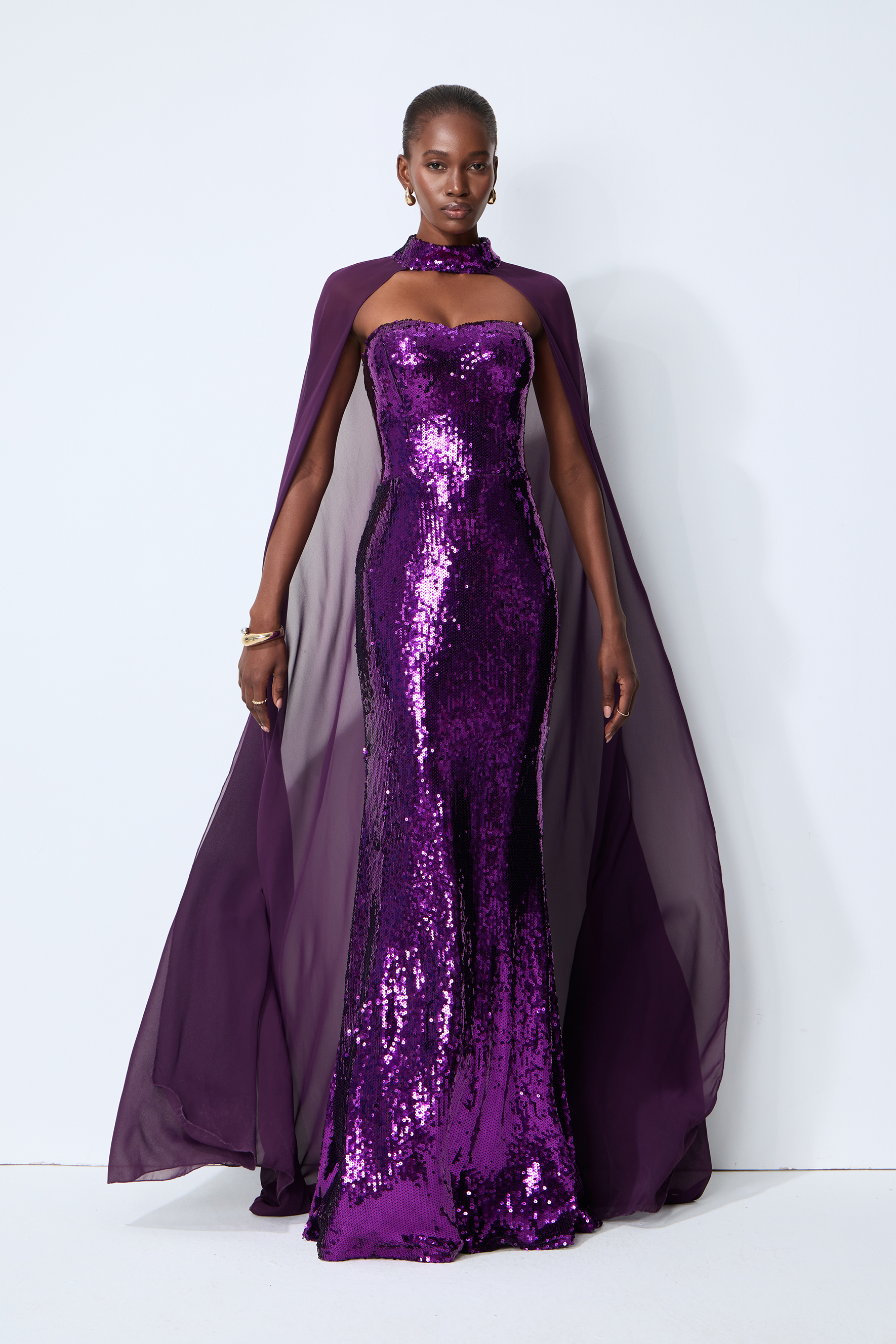Night Sparkle Purple Sequin Capelet Maxi Dress