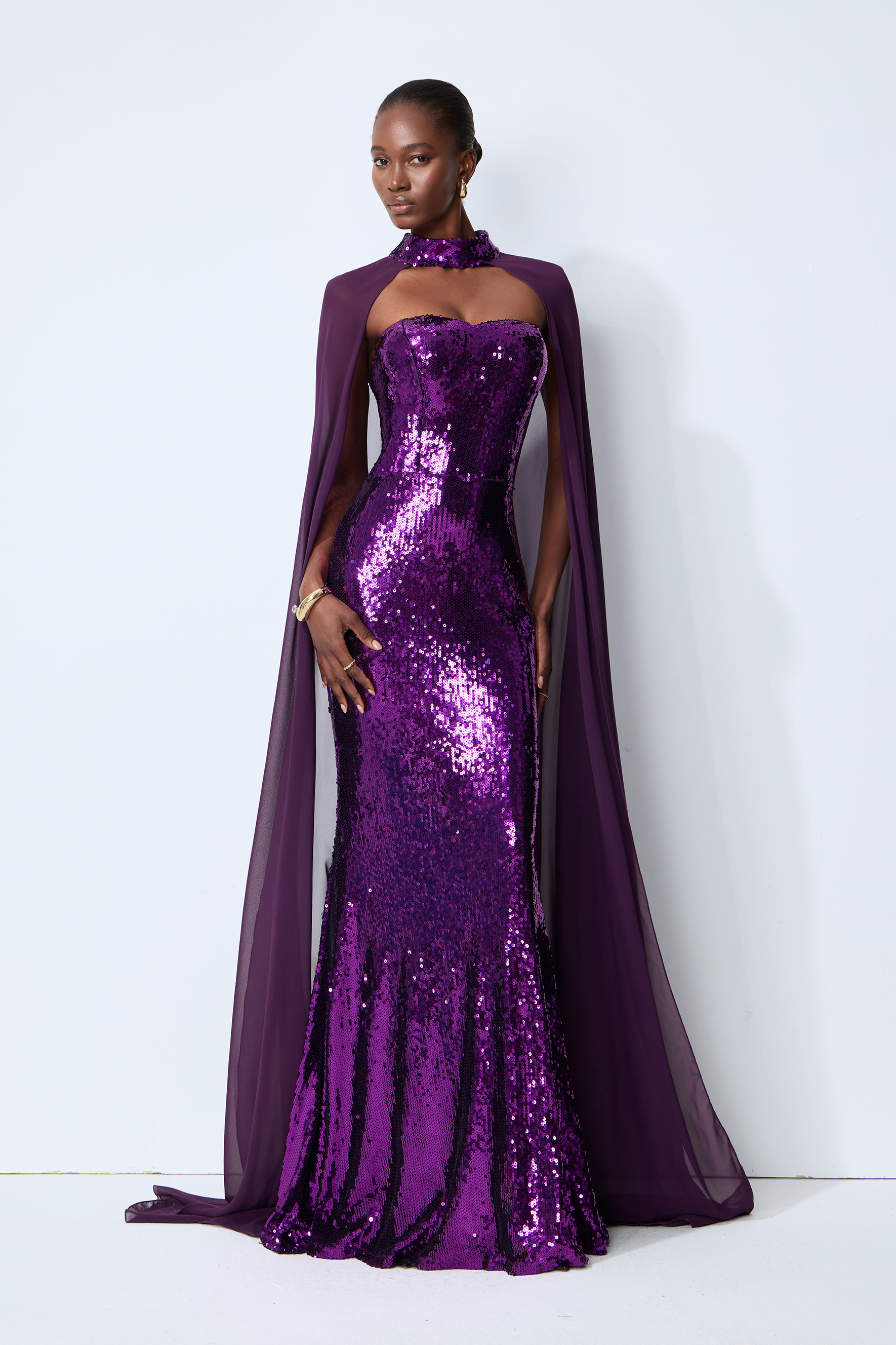 Night Sparkle Purple Sequin Capelet Maxi Dress