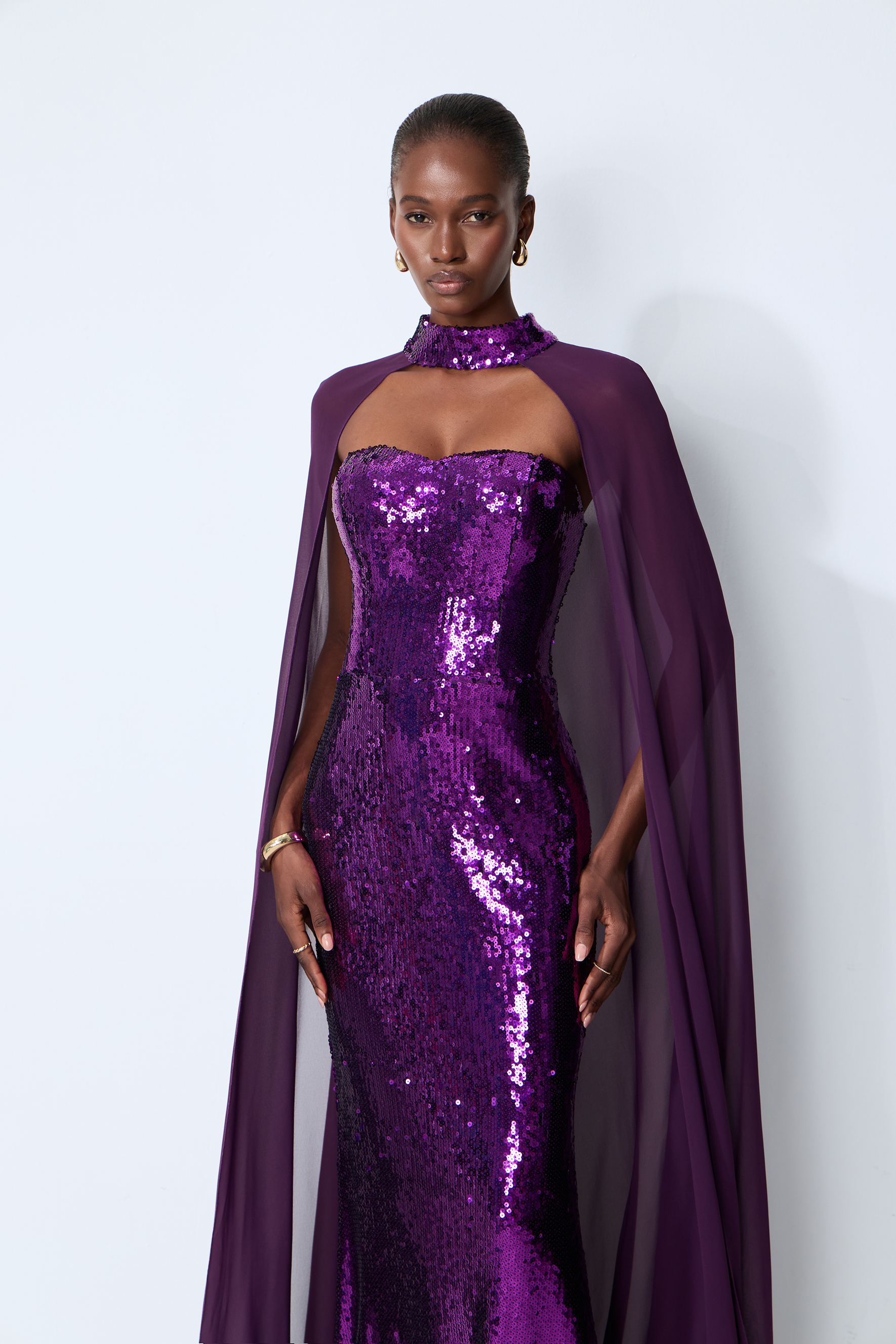 Night Sparkle Purple Sequin Capelet Maxi Dress
