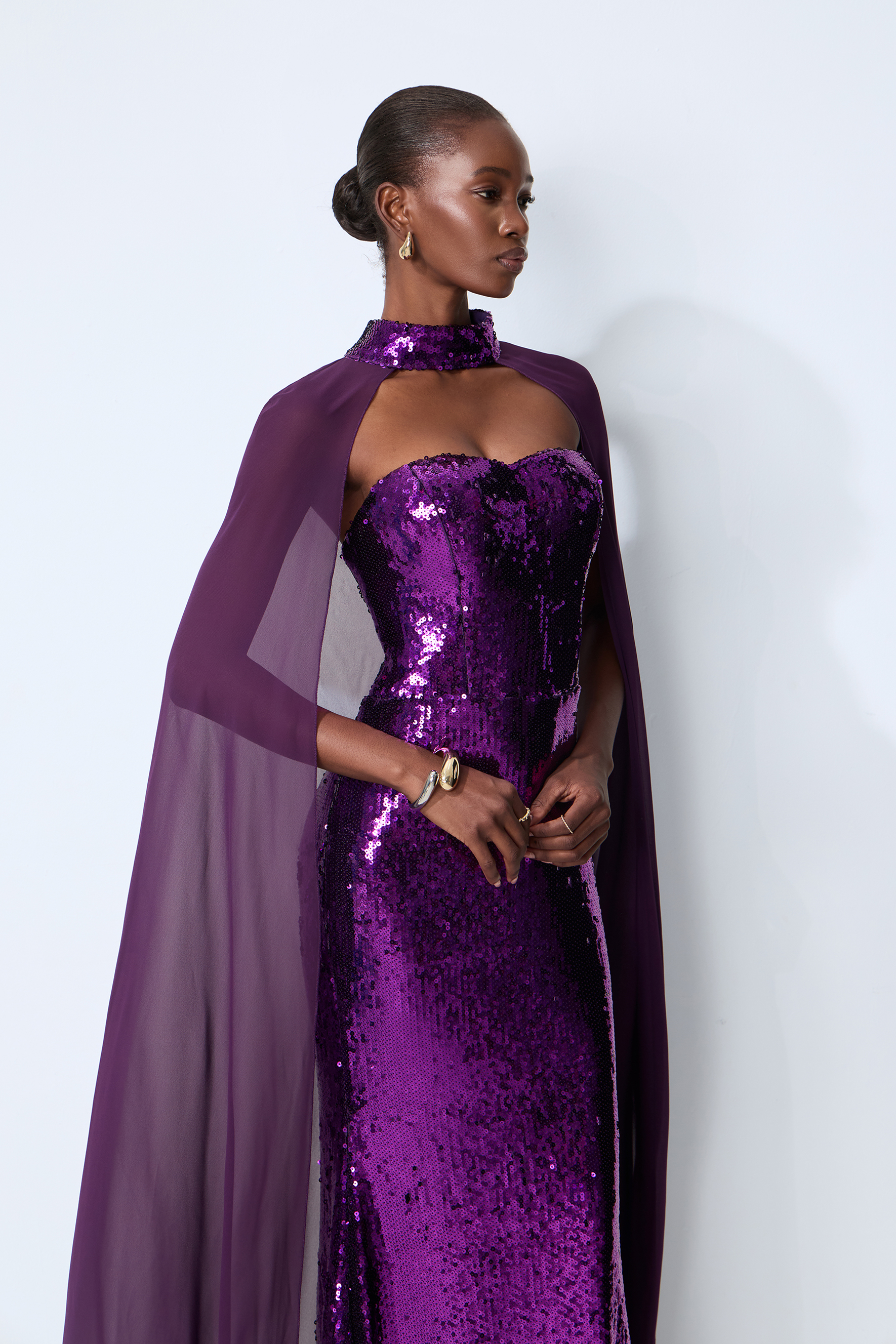 Night Sparkle Purple Sequin Capelet Maxi Dress