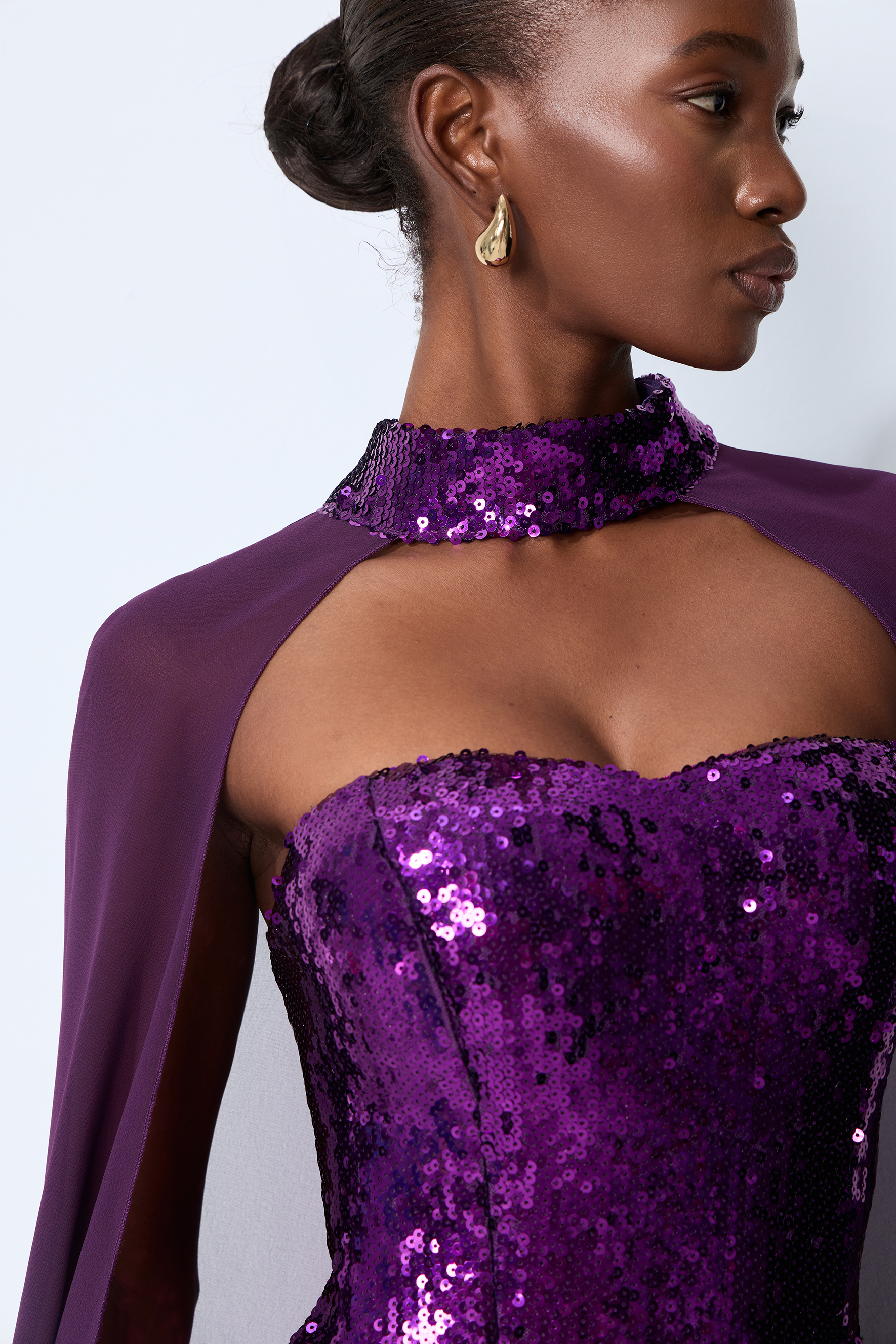 Night Sparkle Purple Sequin Capelet Maxi Dress
