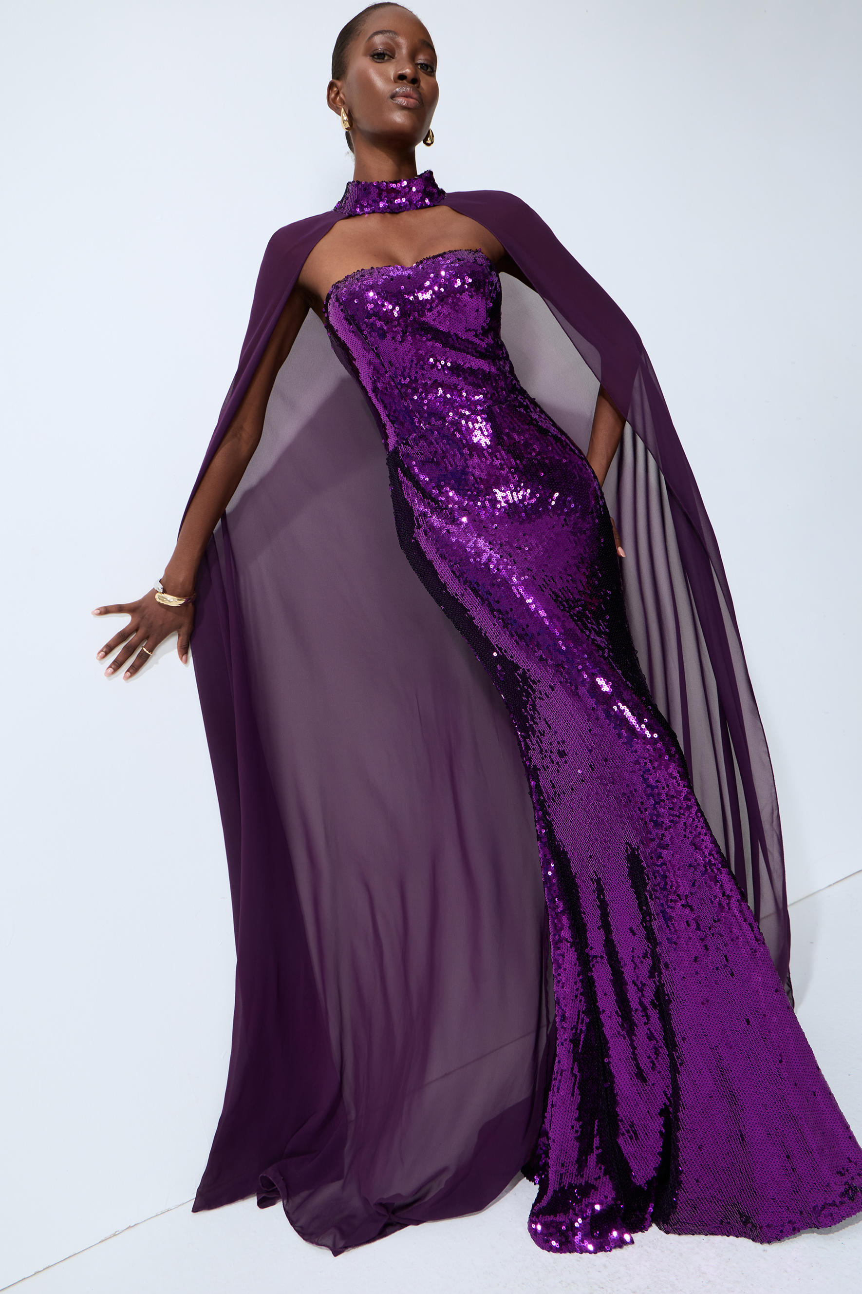Night Sparkle Purple Sequin Capelet Maxi Dress