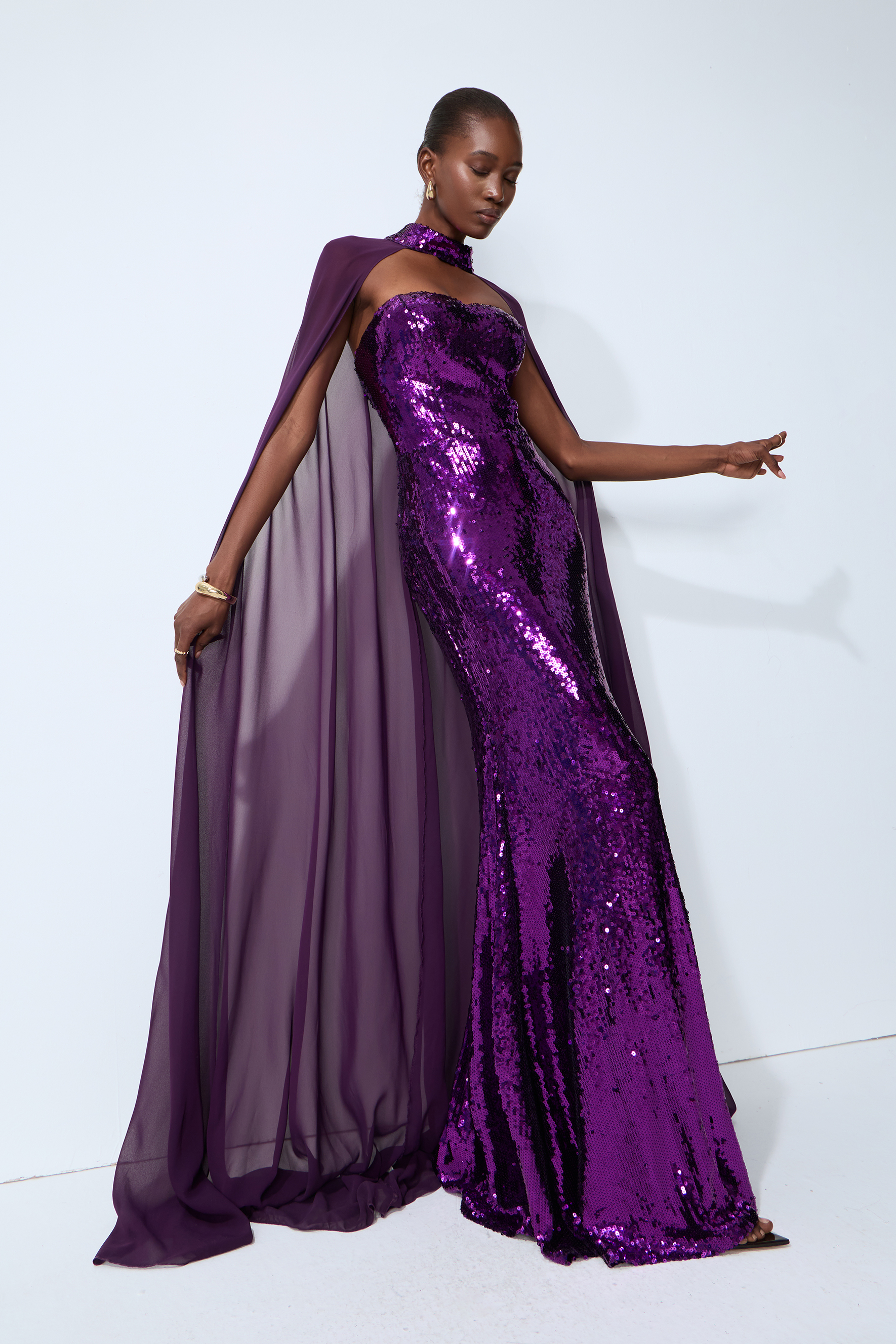 Night Sparkle Purple Sequin Capelet Maxi Dress