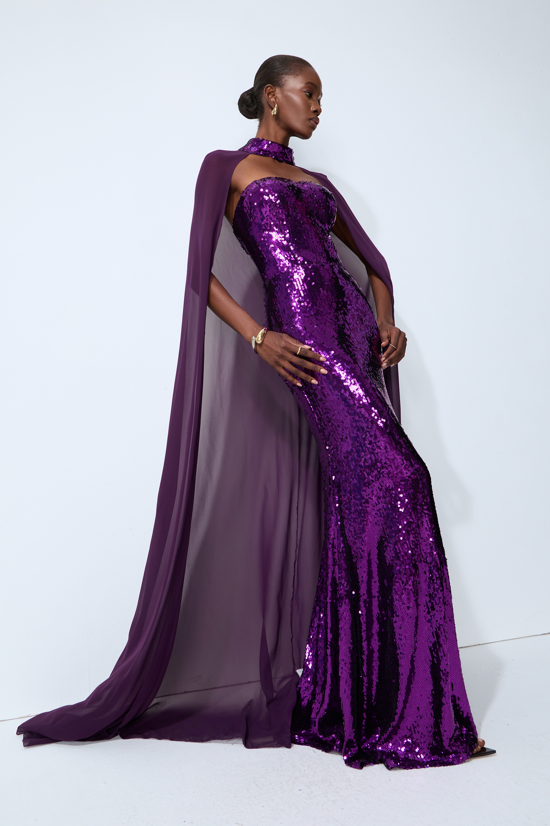 Night Sparkle Purple Sequin Capelet Maxi Dress