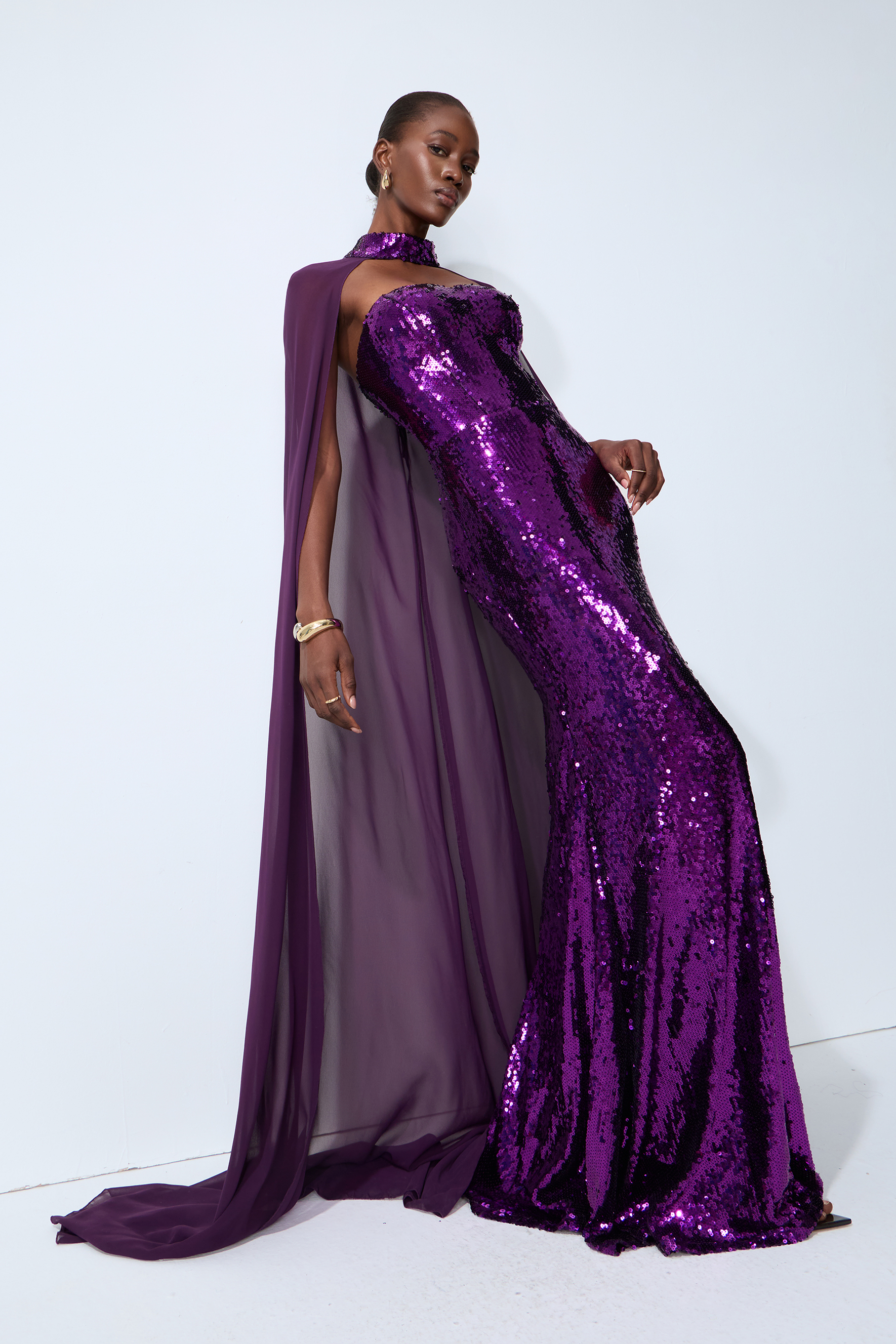 Night Sparkle Purple Sequin Capelet Maxi Dress