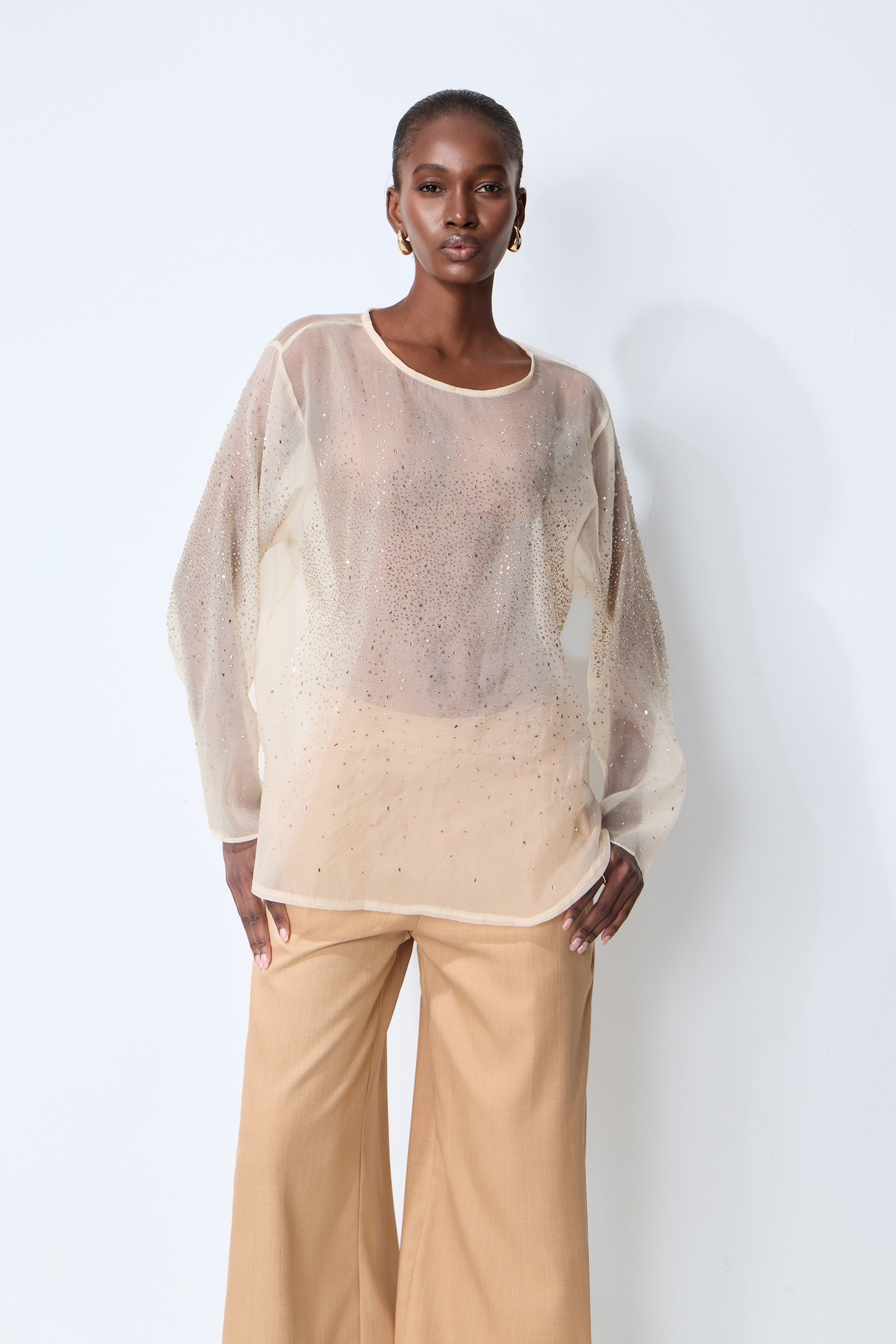 Meet In The City Beige Sheer Crystal Embellished Long Sleeve Top